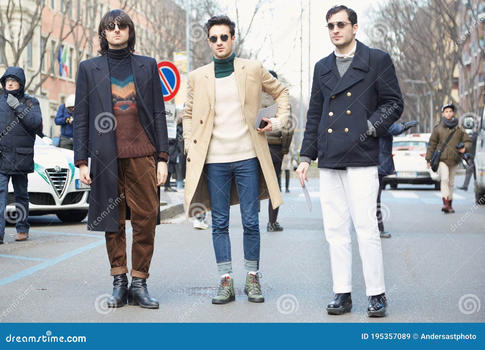 Three Stylish Men Poses for Photographers before Giorgio Armani Fashion Show  on January 19, 2015 in Milan, Editorial Stock Image - Image of accessory,  armani: 195357089