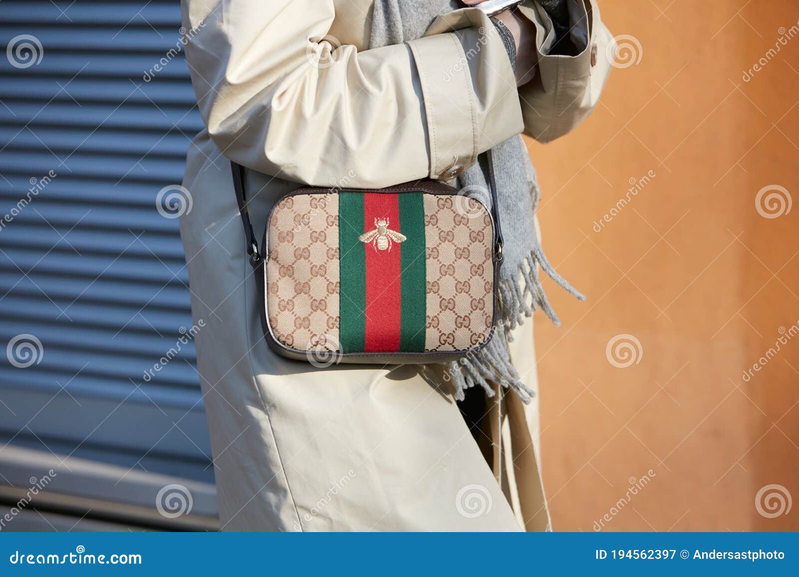 Woman with Gucci Bag with Bee and Green and Red Stripes before Emporio  Armani Fashion Show, Milan Fashion Week Editorial Image - Image of people,  week: 194562400