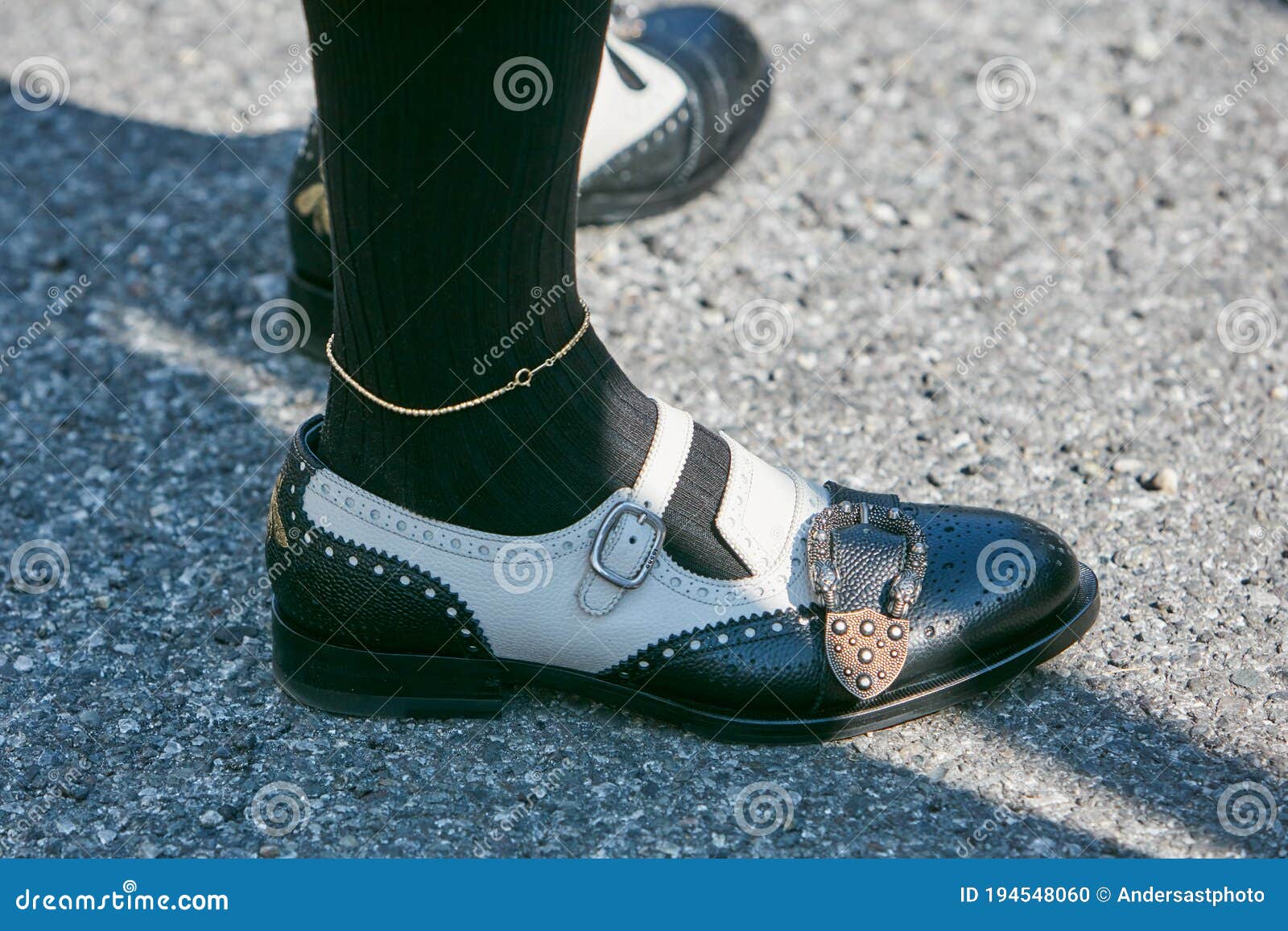 Man with Black and White Leather Gucci Shoes and Golden Anklet