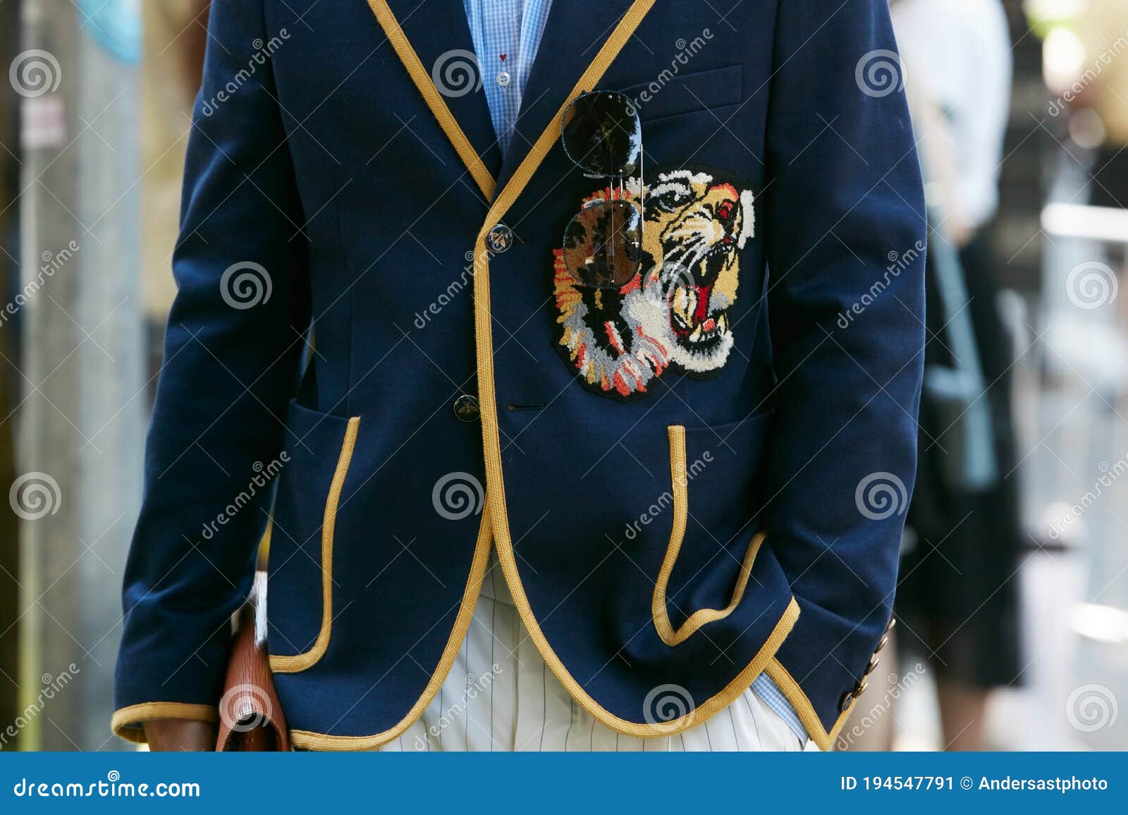 Man with Blue Gucci Jacket with Tiger Head and Yellow Details Design before  Giorgio Armani Fashion Show, Milan Editorial Photo - Image of style, look:  194547791