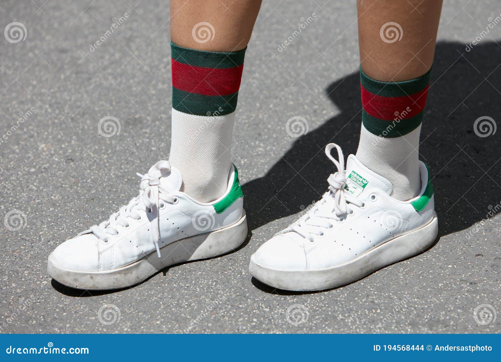 Woman with White and Green Adidas Stan Smith Shoes and Gucci Socks before  Salvatore Ferragamo Fashion Show, Milan Editorial Stock Image - Image of  socks, ferragamo: 194568444