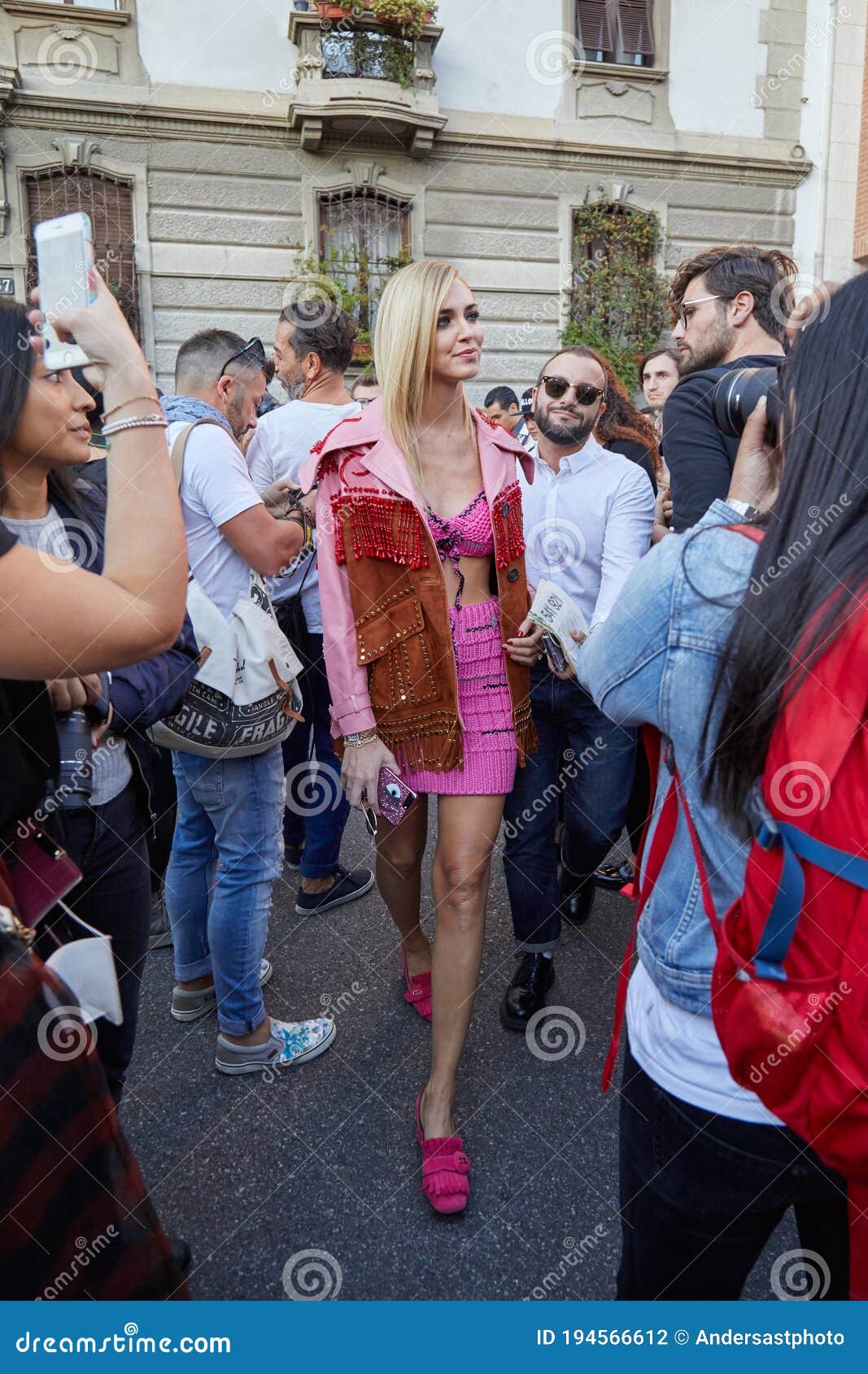 Chiara Ferragni with Pink Clothing and Shoes before Prada Fashion Show,  Milan Fashion Week Street Style on Editorial Photography - Image of skirt,  people: 194566612