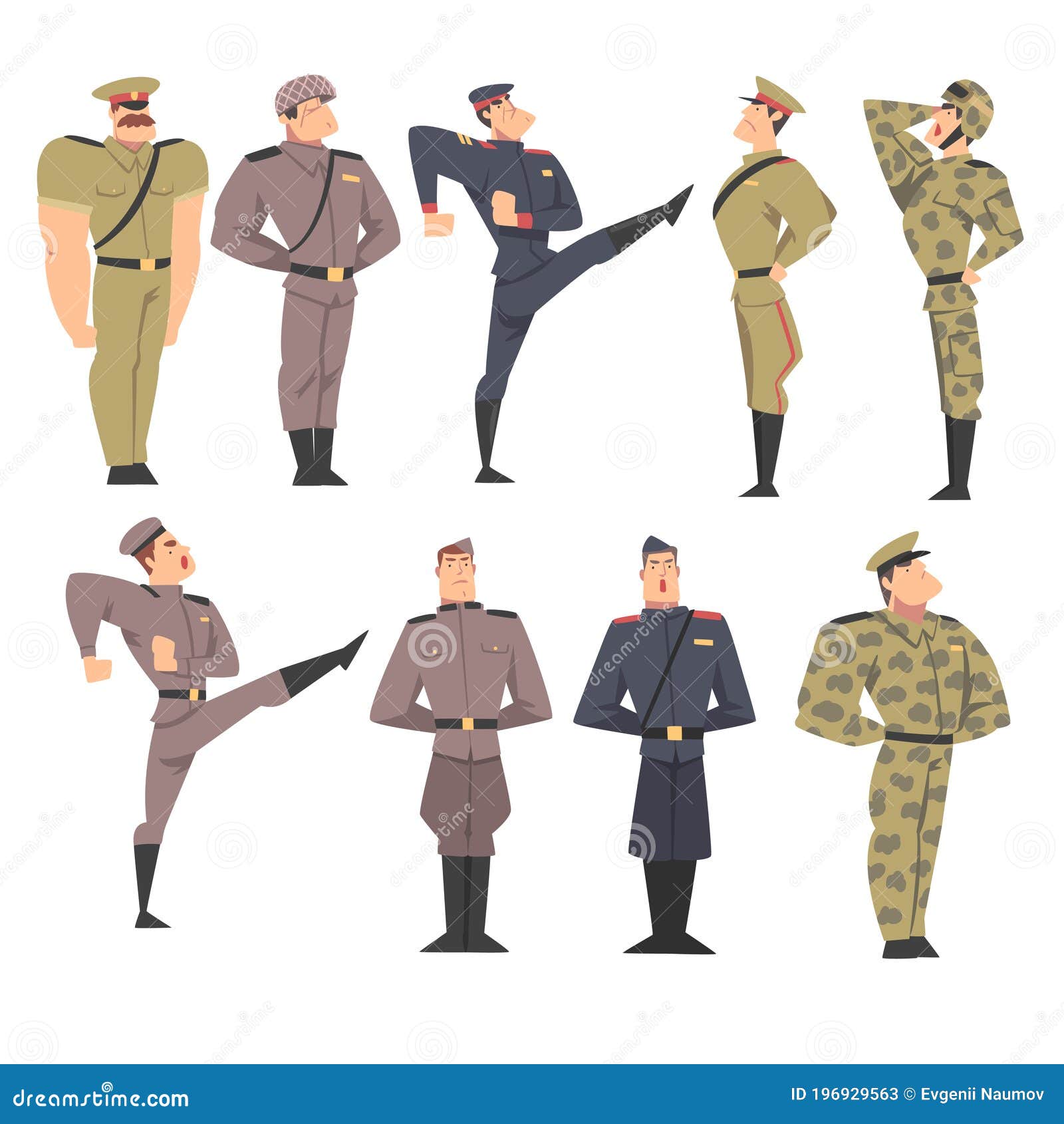 Militares Ambientados, Soldados Del Ejército Vestidos Con Varios Vectores  Uniformes De Marcha Y Homenaje Al Estilo De Dibujos Ani Ilustración del  Vector - Ilustración de batalla, profesional: 196929563