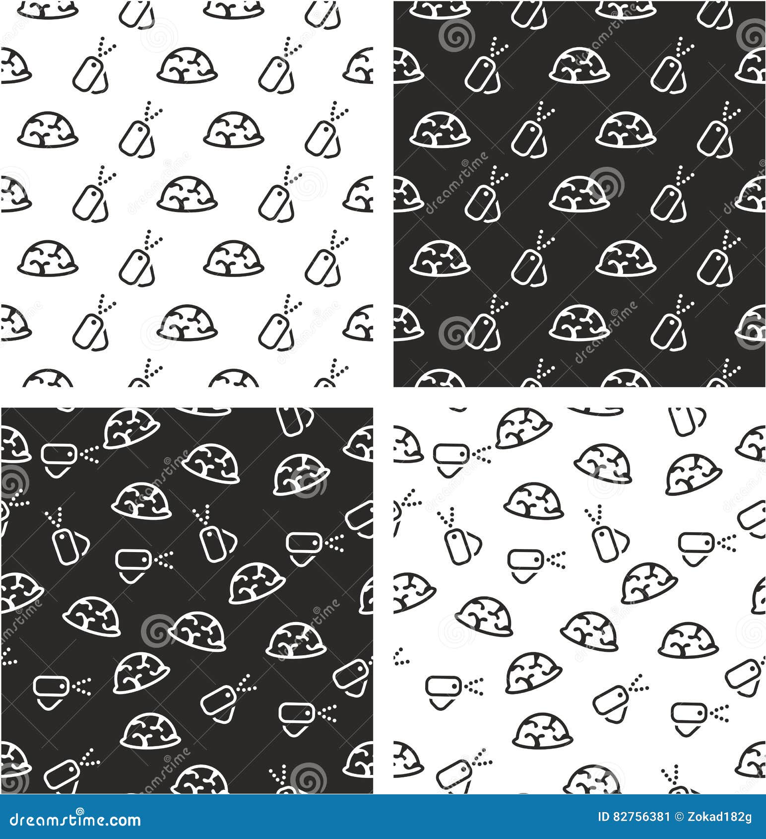 military or army or commandos or soldier helmet & dog tags aligned & random seamless pattern set