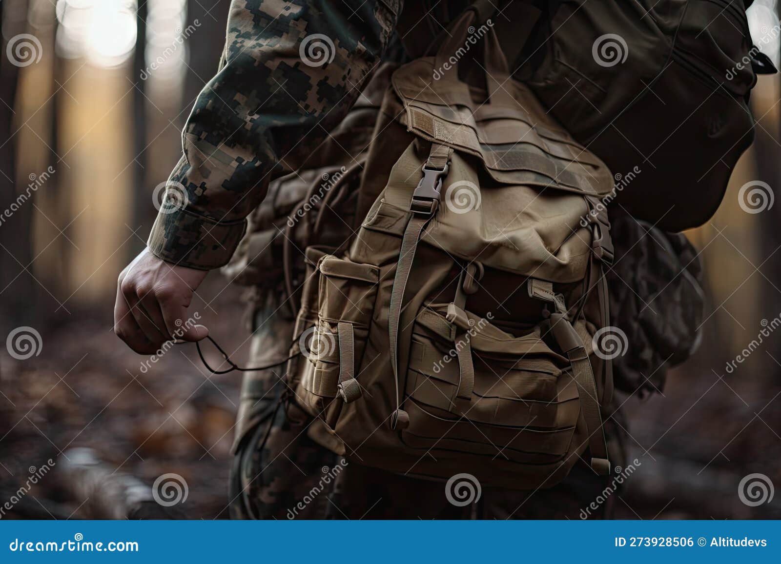 Military Backpack in the Hands of Soldier, Ready To Go into Battle