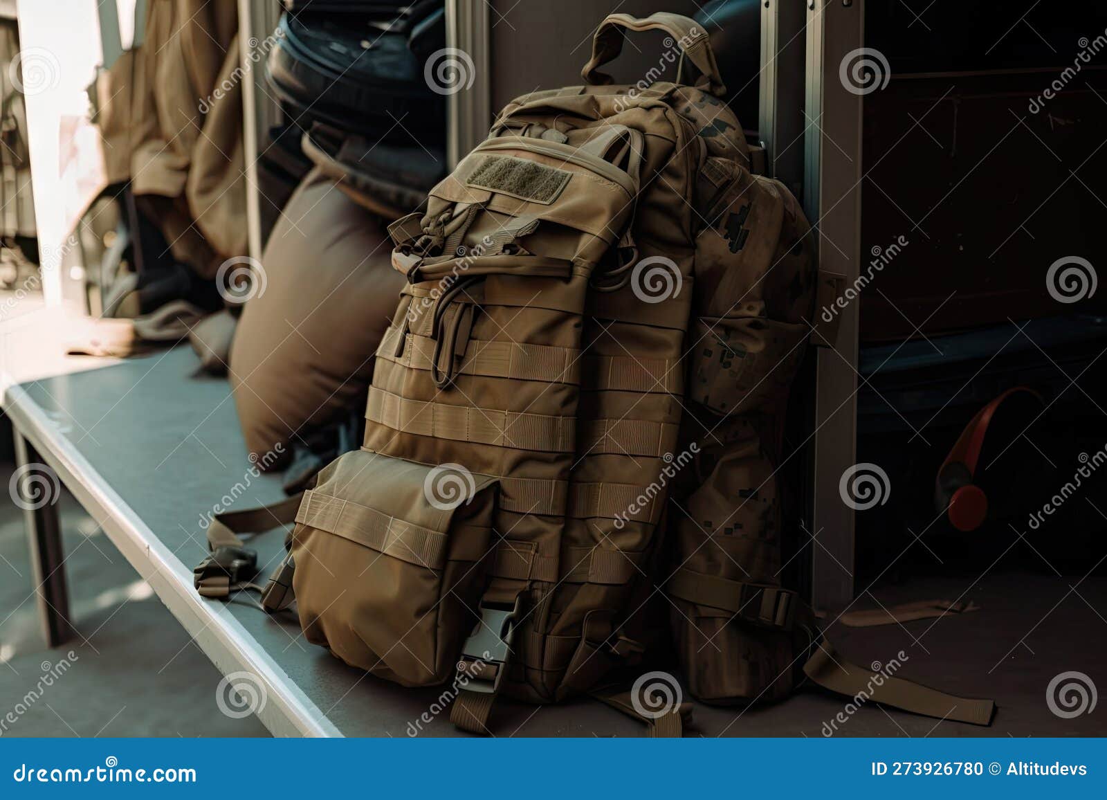 Military Backpack, with Rifle Slung Over the Shoulder, on Military Base