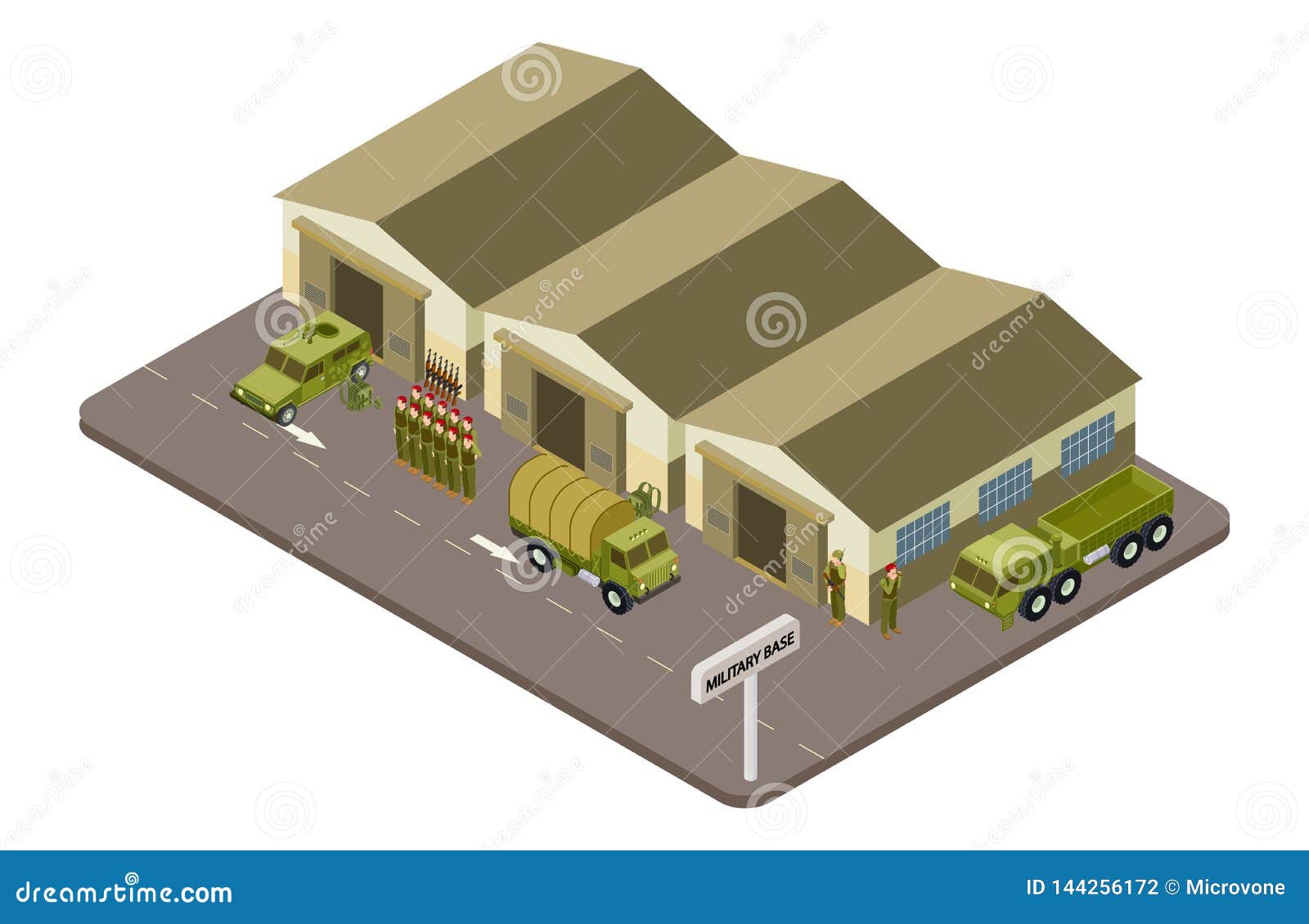 military base with soldiers and military cars isometric  concept