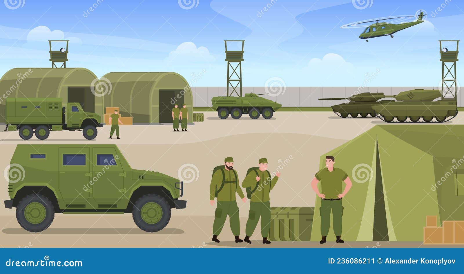 military base war transportation and soldiers  flat  warriors in green uniform