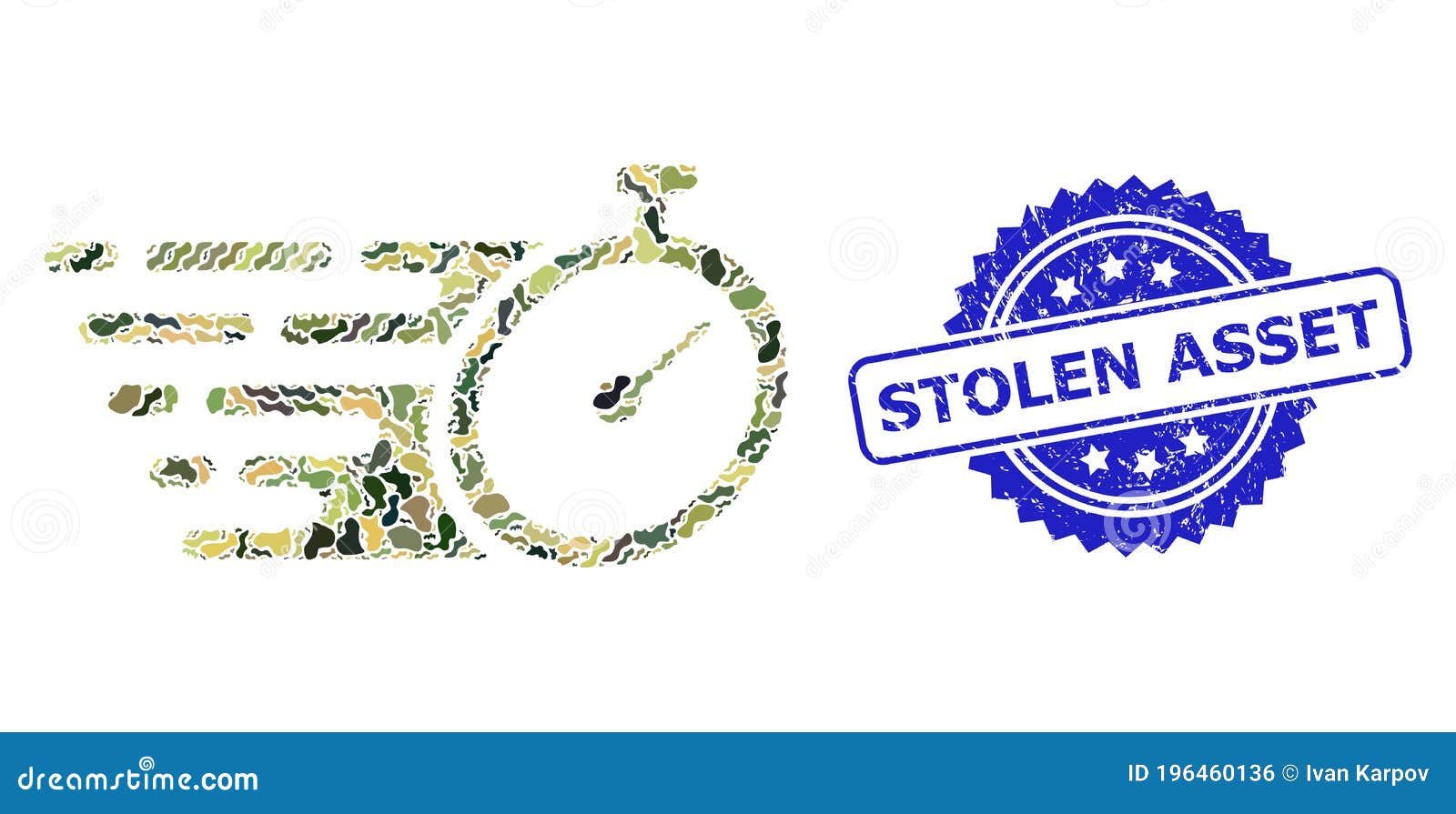 distress stolen asset seal and military camouflage composition of time tracker