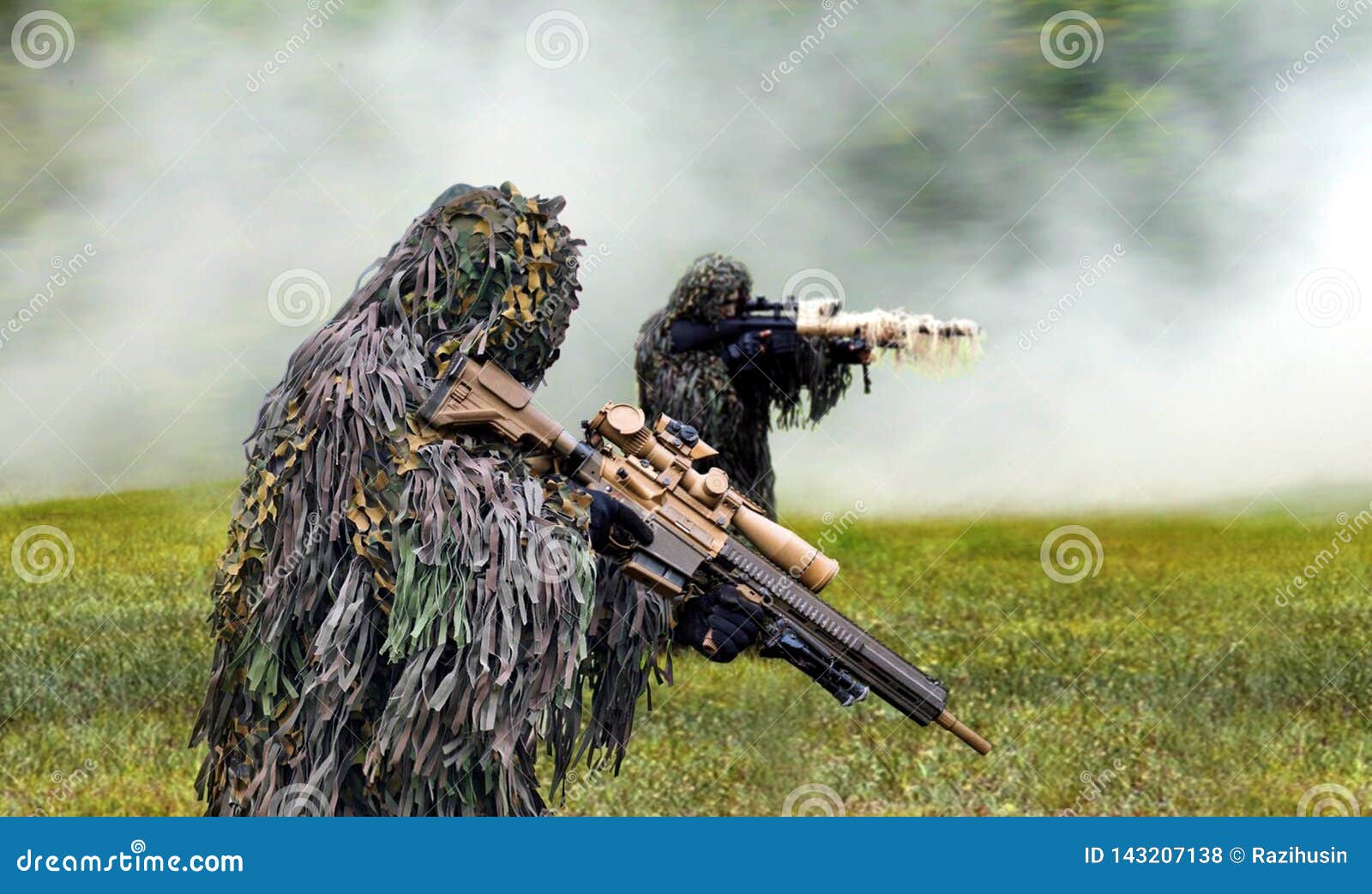 commando dressed in ghillie camouflage during  combat warfare