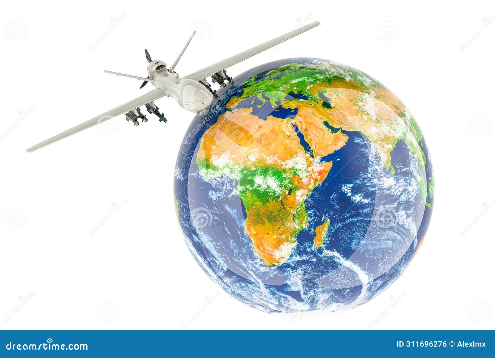 military drone flying above earth globe. 3d rendering