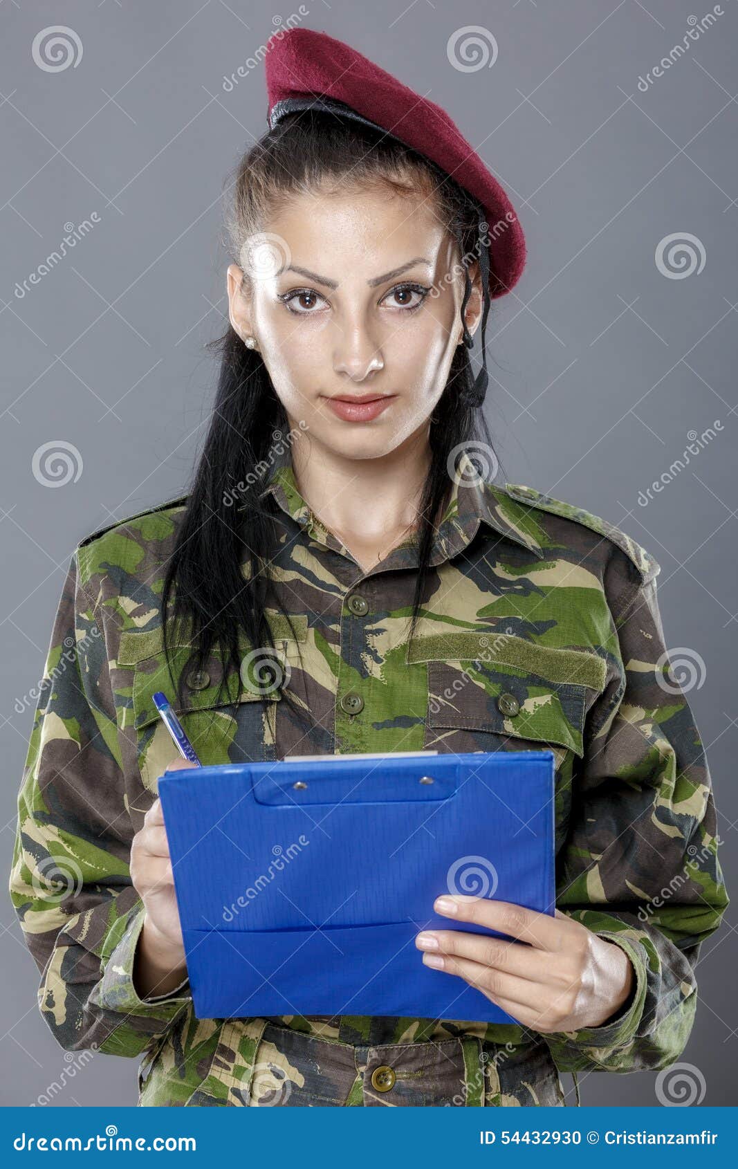 Military Female. Army Forces. Woman Military Outfit Hold Weapon