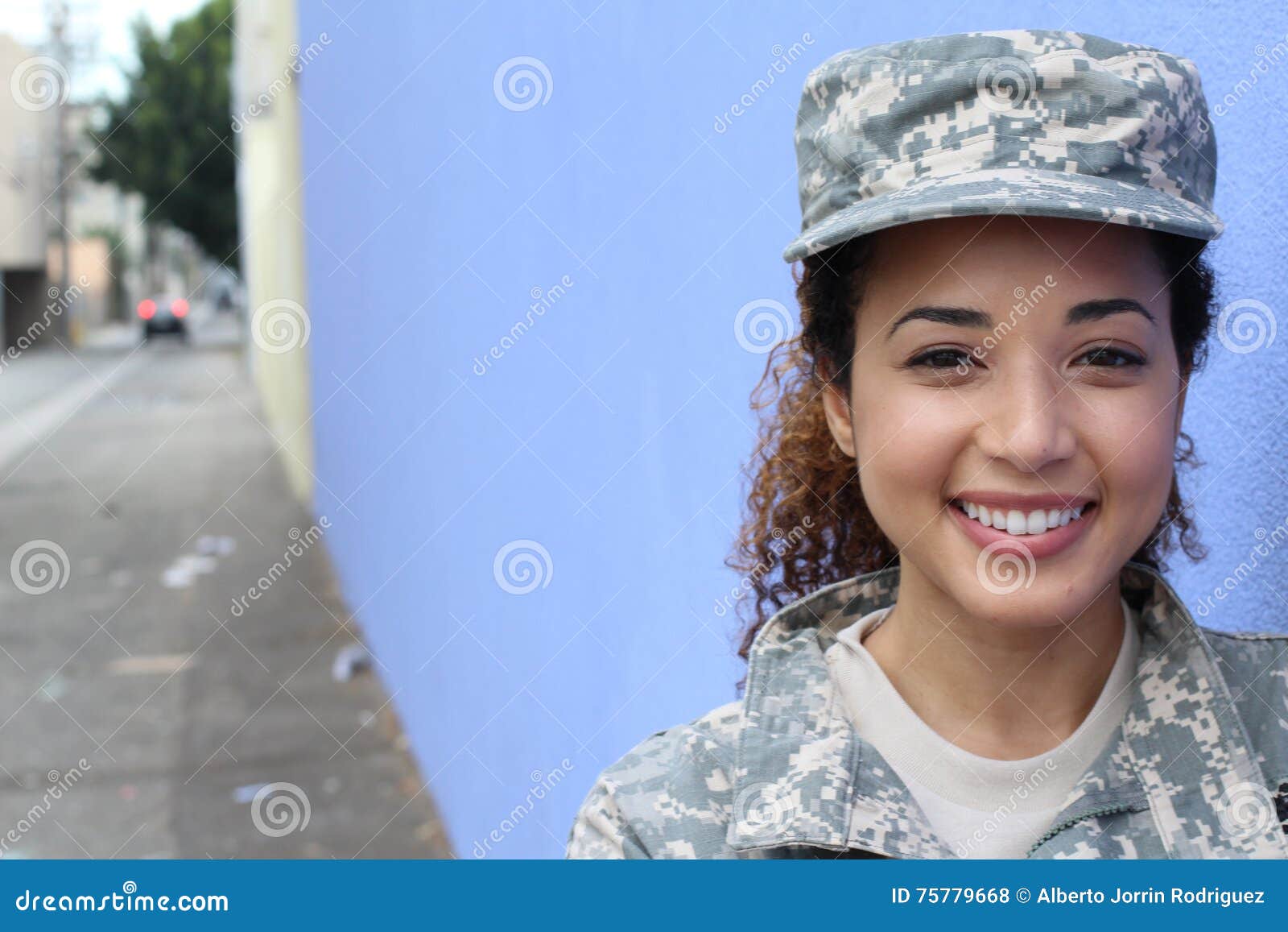 Military Girl Smiling Outdoors with Copy Space Stock Photo Image of