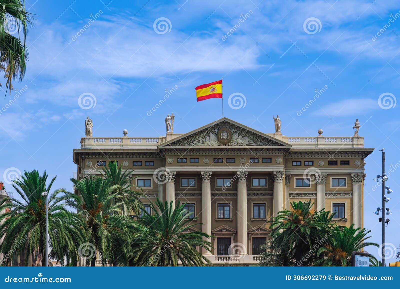 military government of barcelona neoclassical building - gobierno militar de barcelona -with spanish flag waving on top in