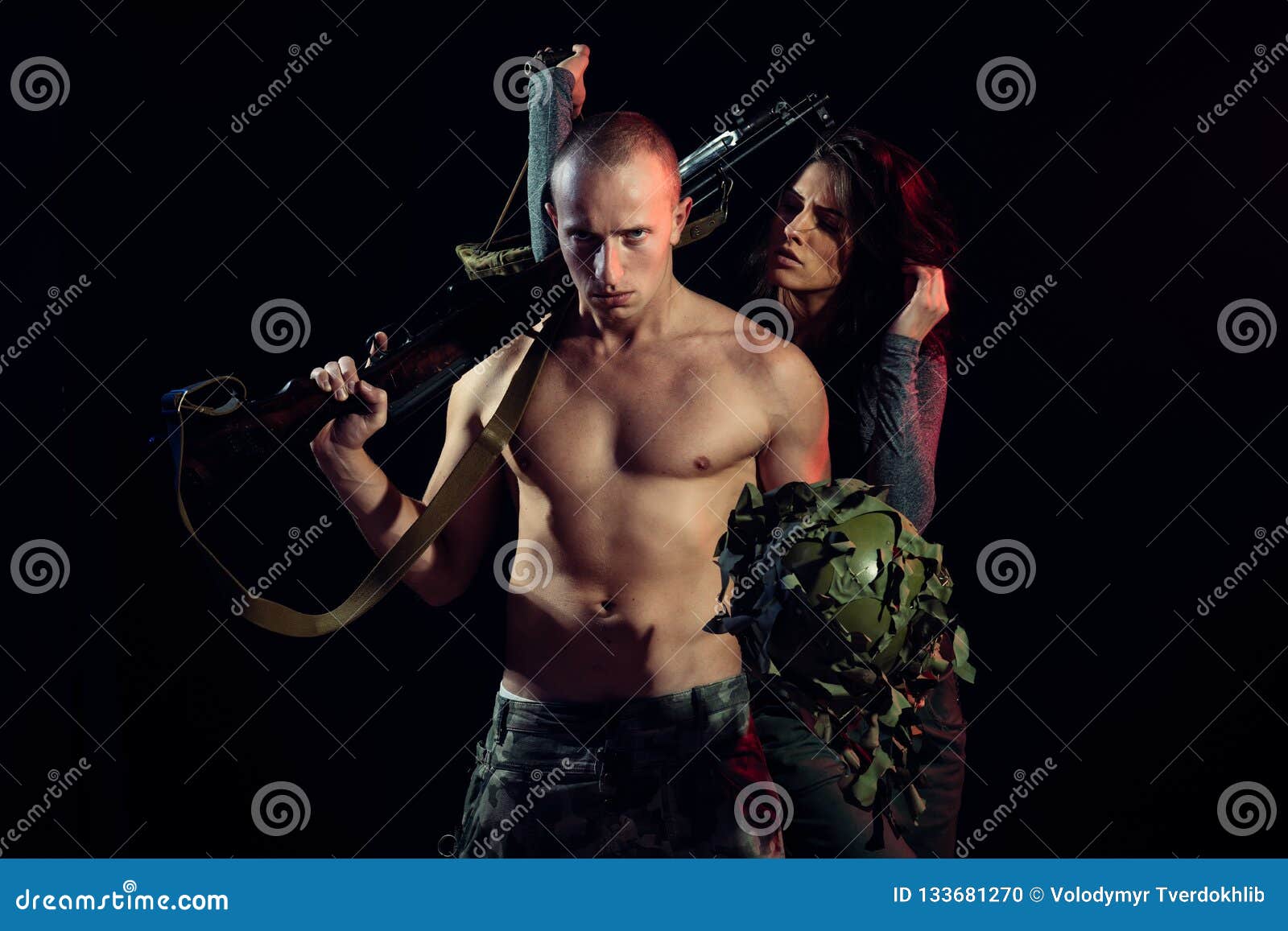 Military Man and Girl with Naked Body