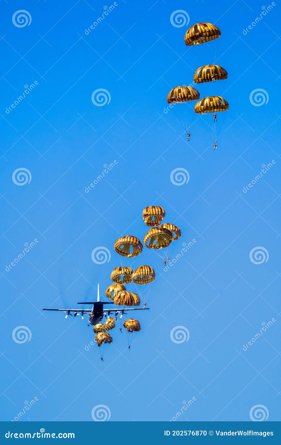 military parachutist paratroopers parachute jumping out of a air force planes on a clear blue sky day