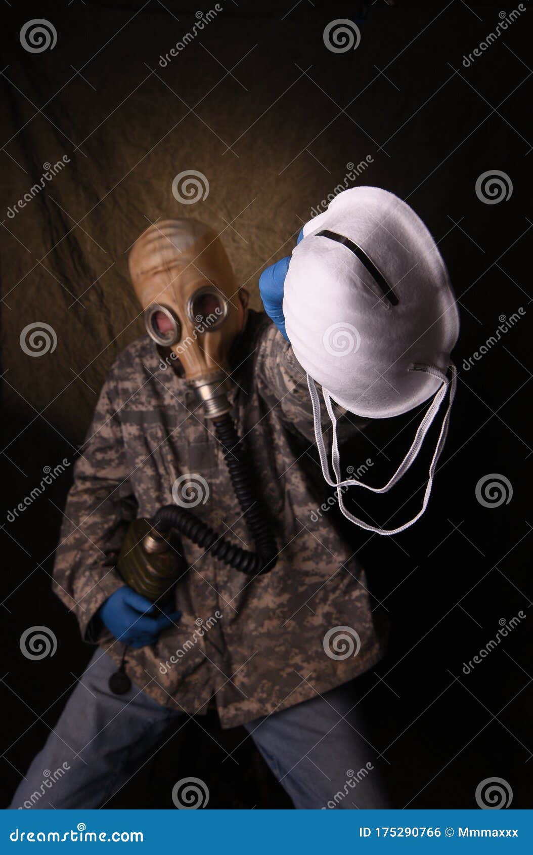 army clad military man in camo jacket with blue gloves and white mask