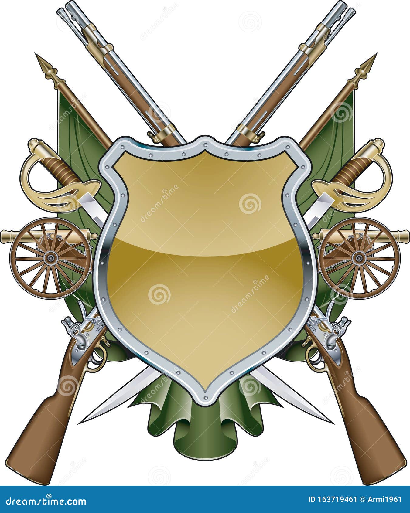 Military Shield Background with Muskets, Swords, Cannons and Banners