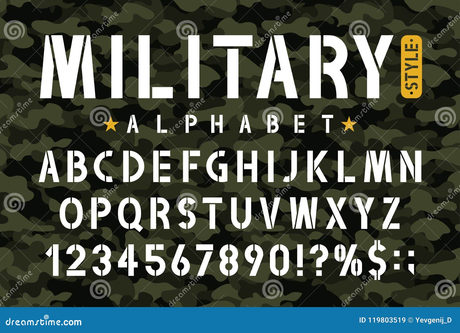 military stencil font on camouflage background. stencil alphabet with numbers in retro army style