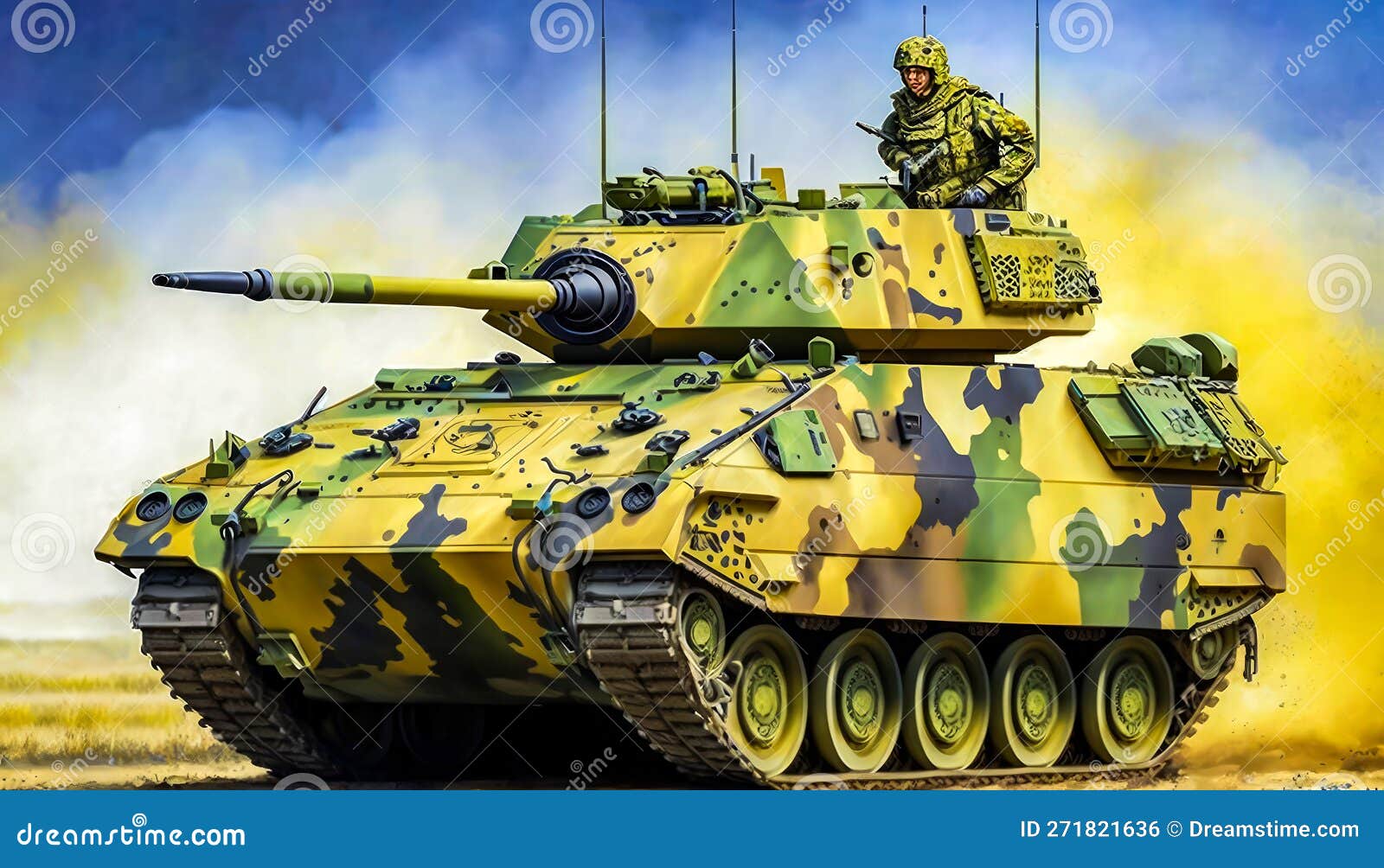 Military Tank is Driving through the Desert. Generative AI Stock Photo