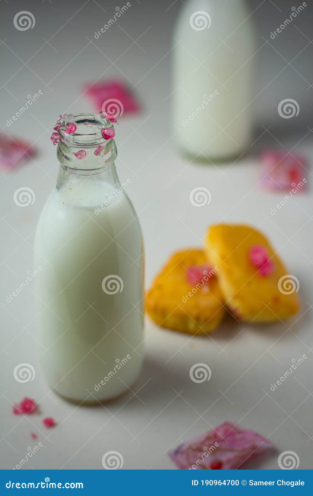 Milk Bottle with Candy on White Background Stock Photo Image of delicious, closeup 190964700