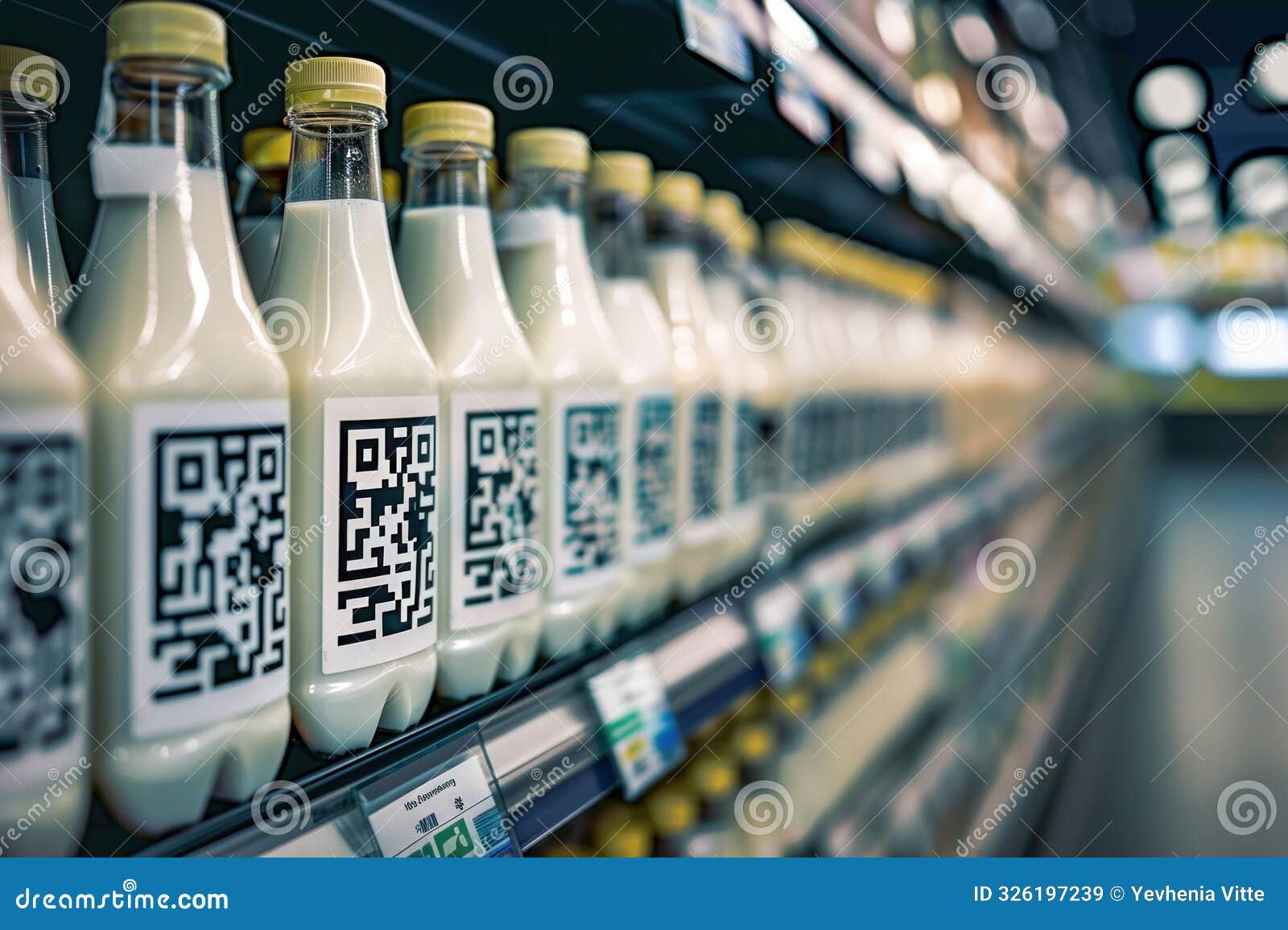milk bottles with qr codes on shelves in grocery store. generative ai.