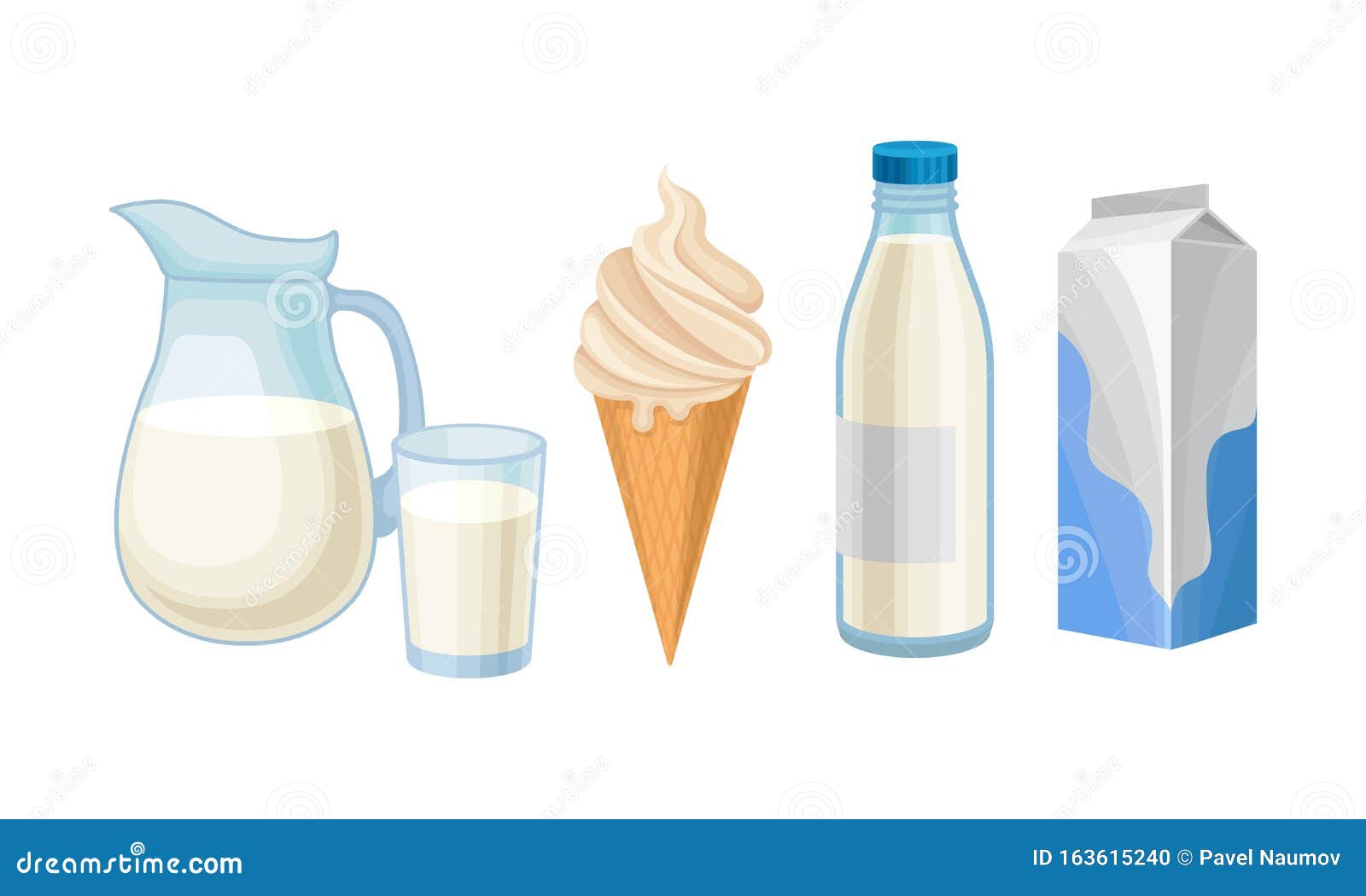 milk in different packages, kefir and ice cream   set  on white background