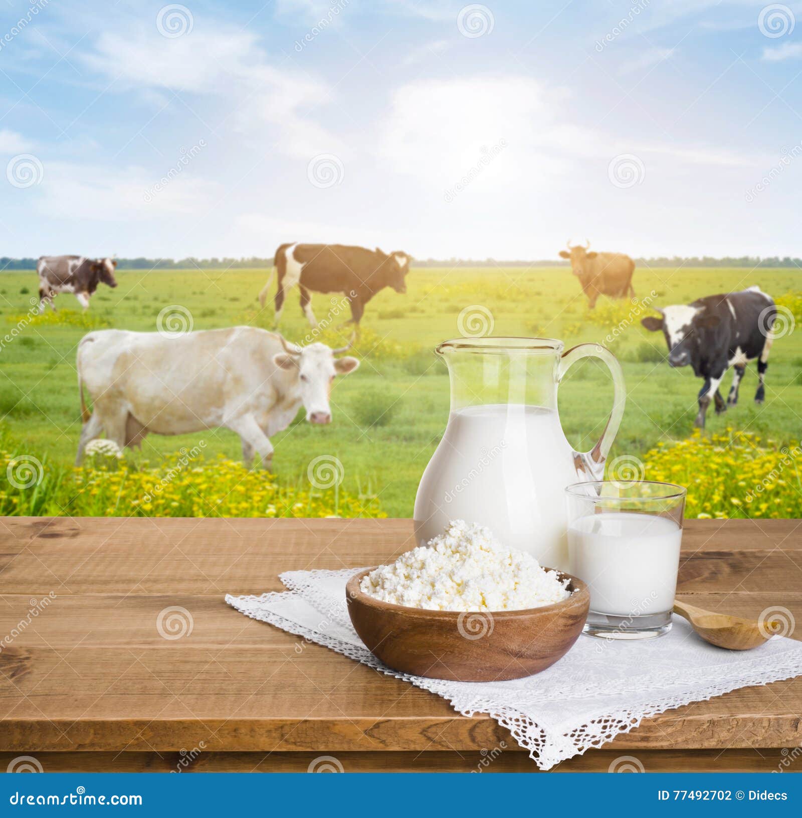 Milk Jug And Curd Cheese Bowl Over Sunny Cows Meadow Stock Photo