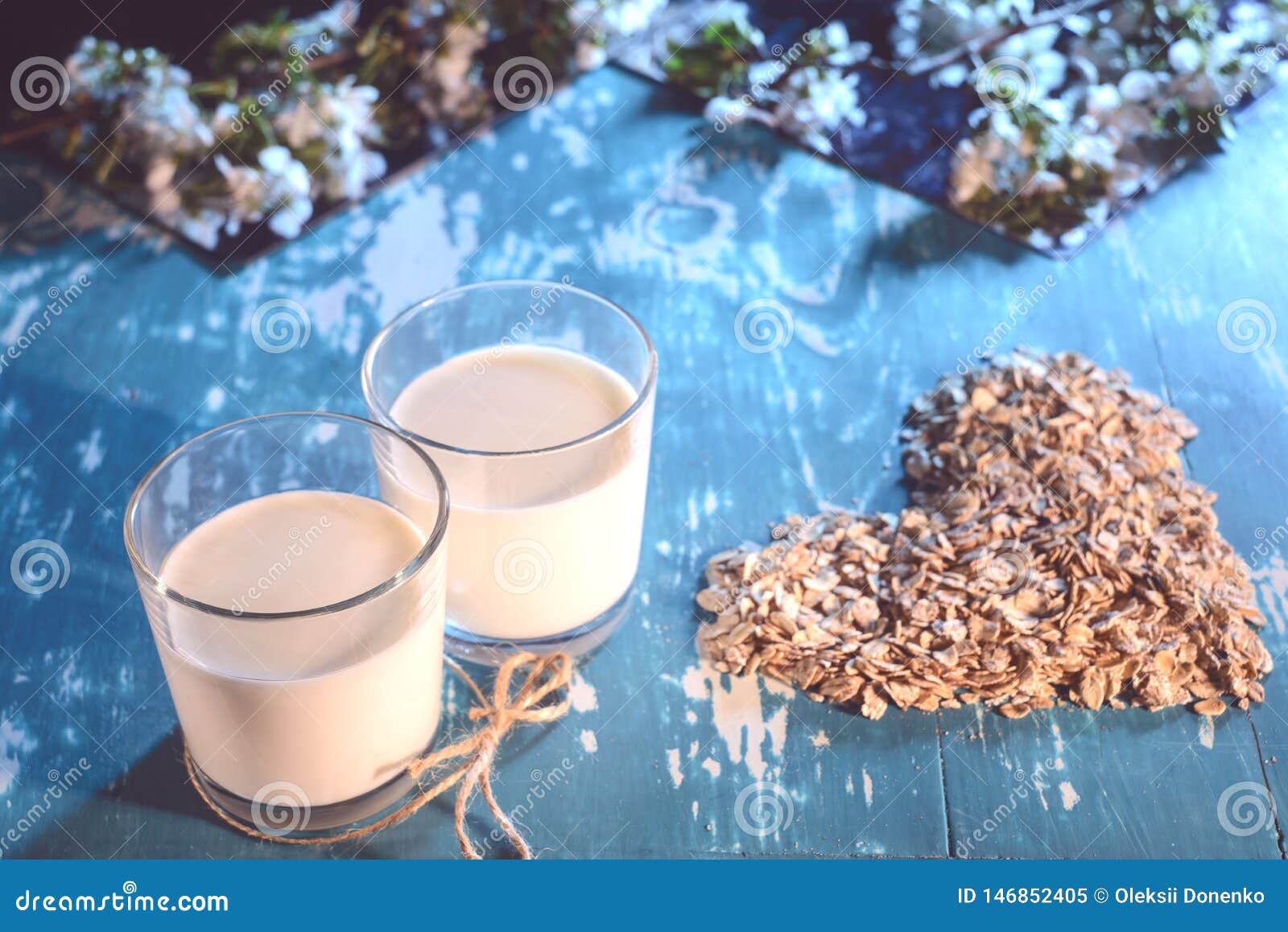 Two Glasses with Oat Milk in a Rustic Style. Vegetarian Breakfast on a