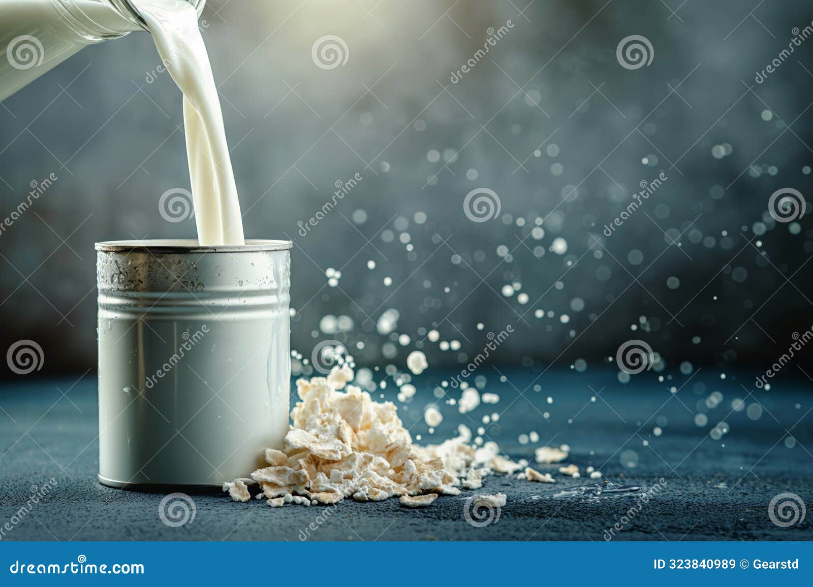milk pouring into metal can with oats scattered around.