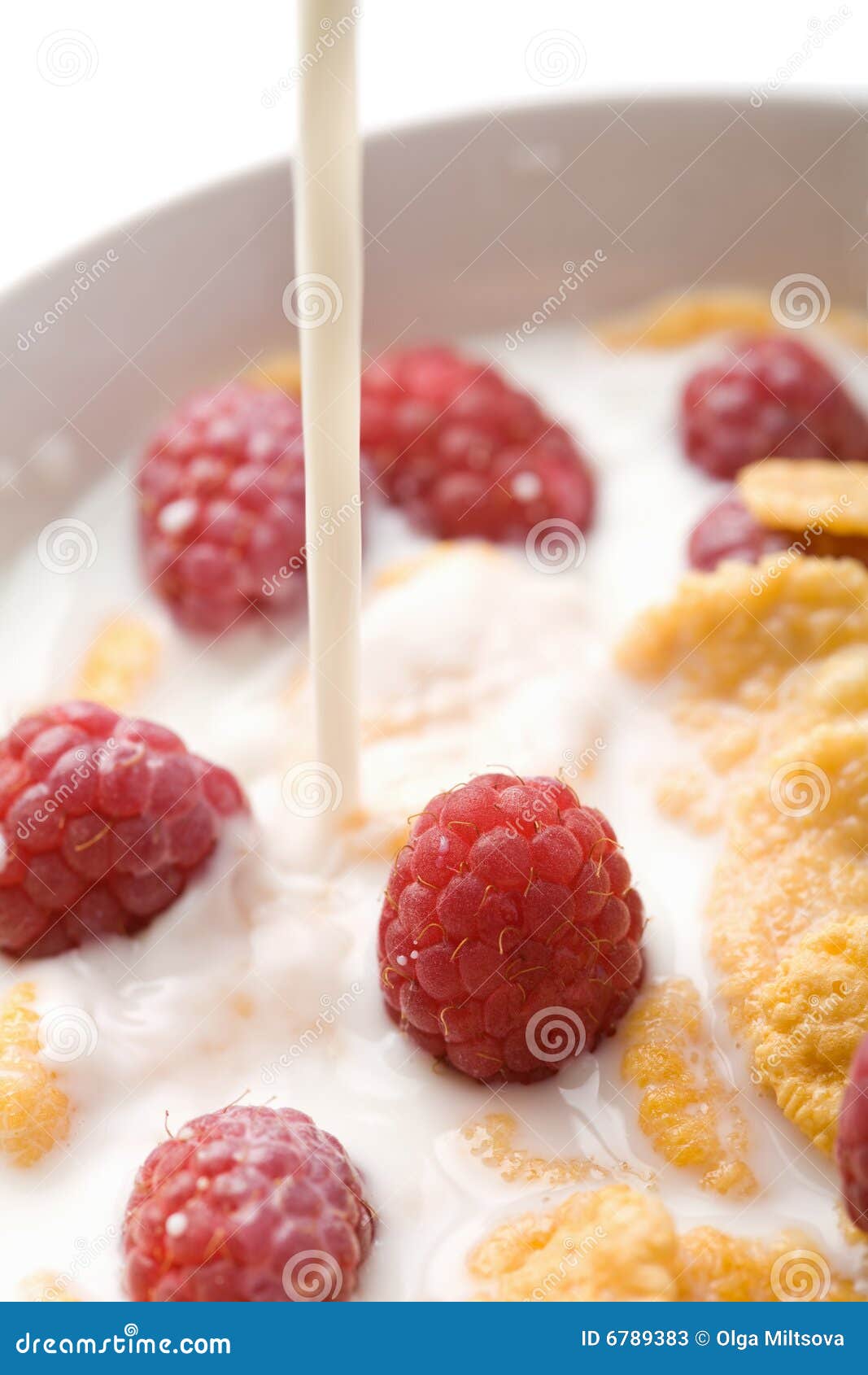 Milk Pouring Onto Muesli with Raspberry Stock Image Image of corn