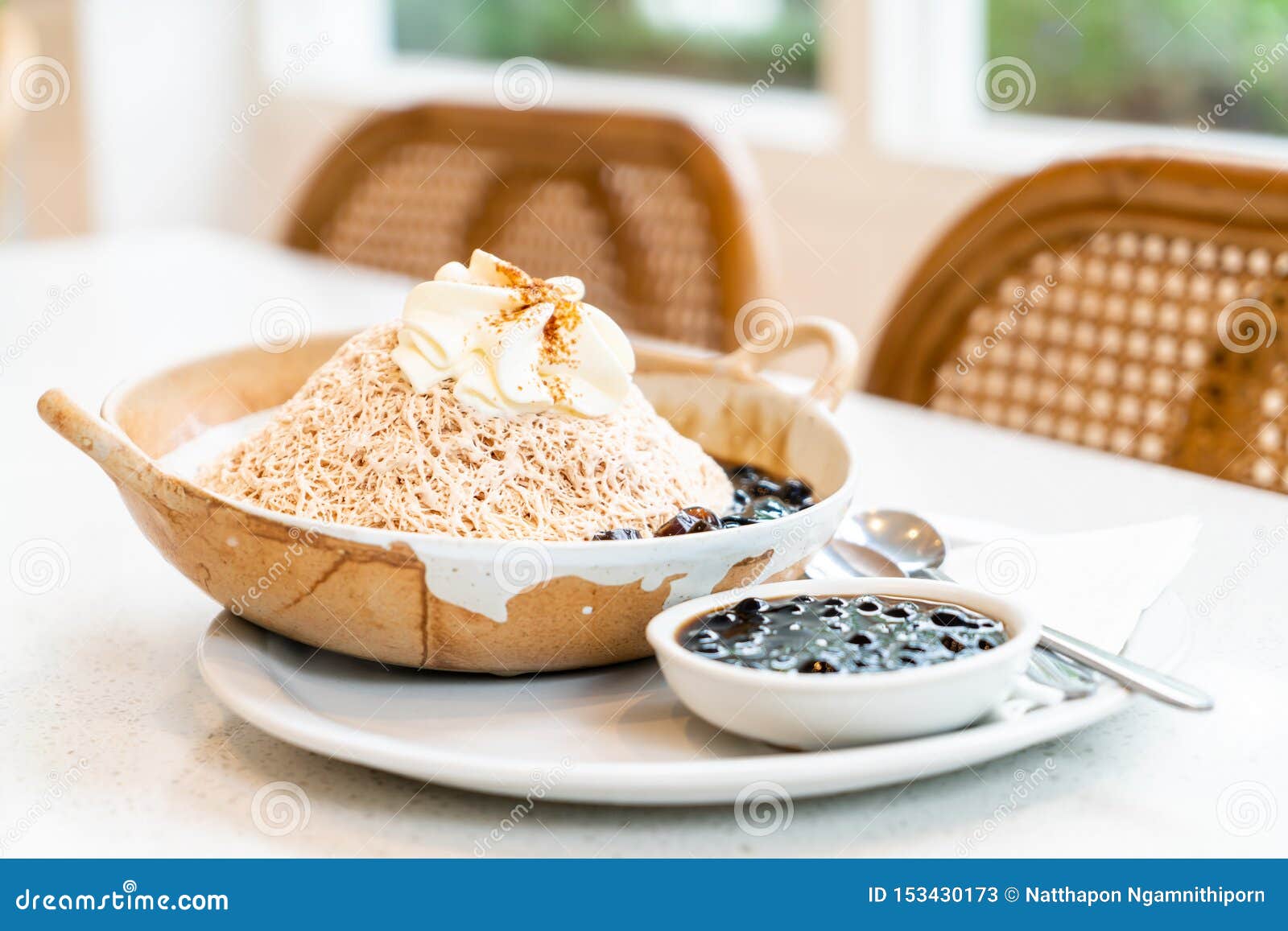 Milk Tea Ice Shave with Black Bubble and Black Grass Jelly Stock Image