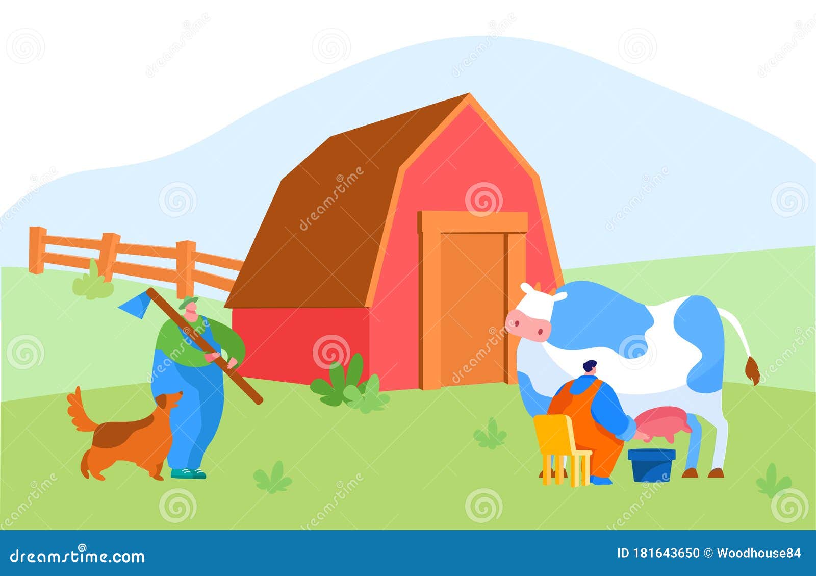 milkmaid and shepherd male characters in working on farm. man milking cow into bucket. milk and dairy farmer