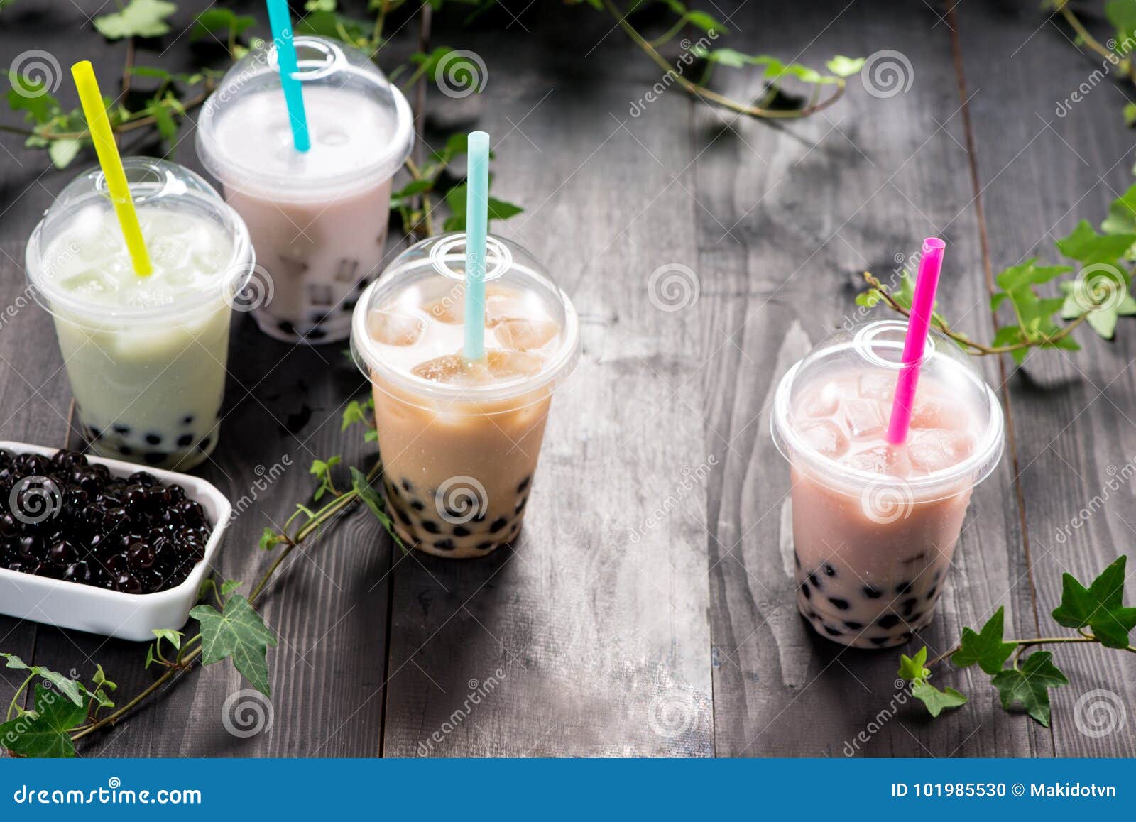 Milky Bubble Tea with Tapioca Pearls in Plastic Cup Stock Photo Image
