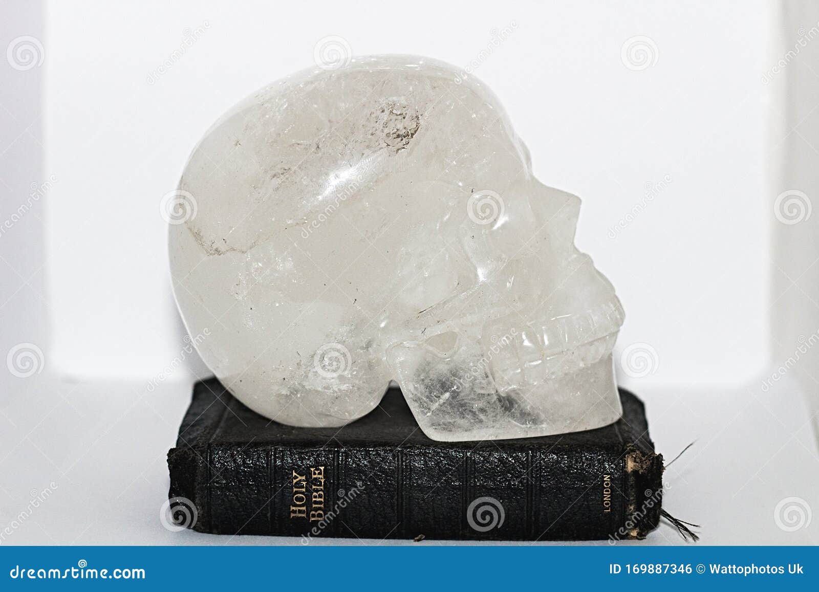 Milky Quartz Crystal Skull & Bible Side View Stock Photo Image of
