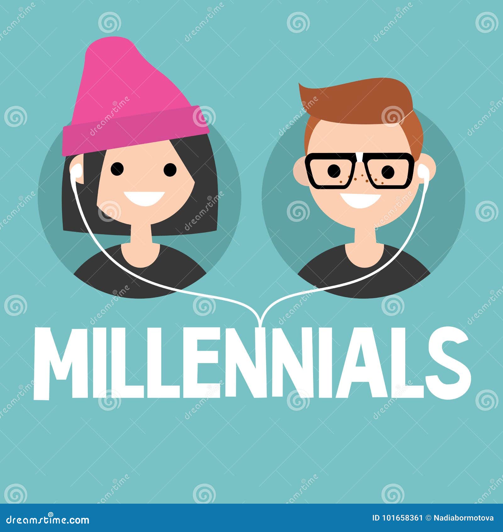 millennials conceptual sign: young boy and girl sharing one pair