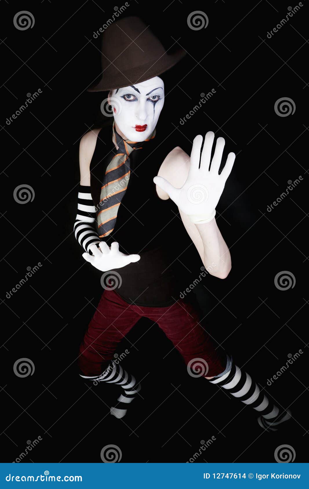 Mime in Hat, Tie and White Gloves Stock Photo Image of movement
