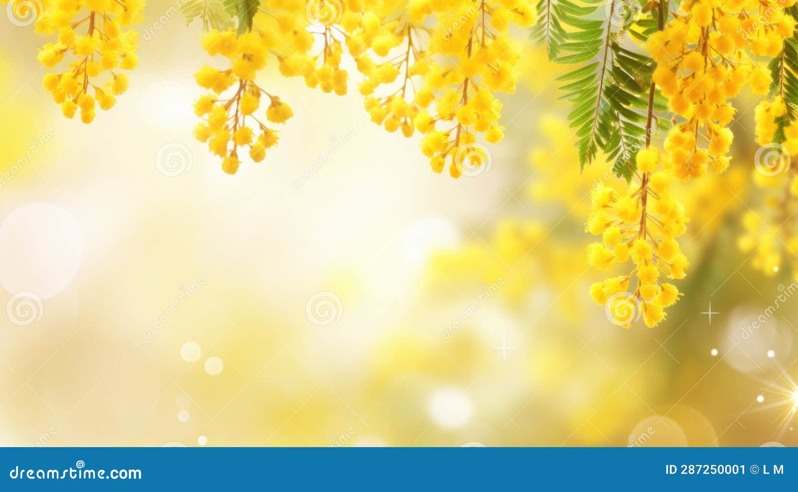 Mimosa Flowers on Blue Blurred Soft Background Stock Illustration