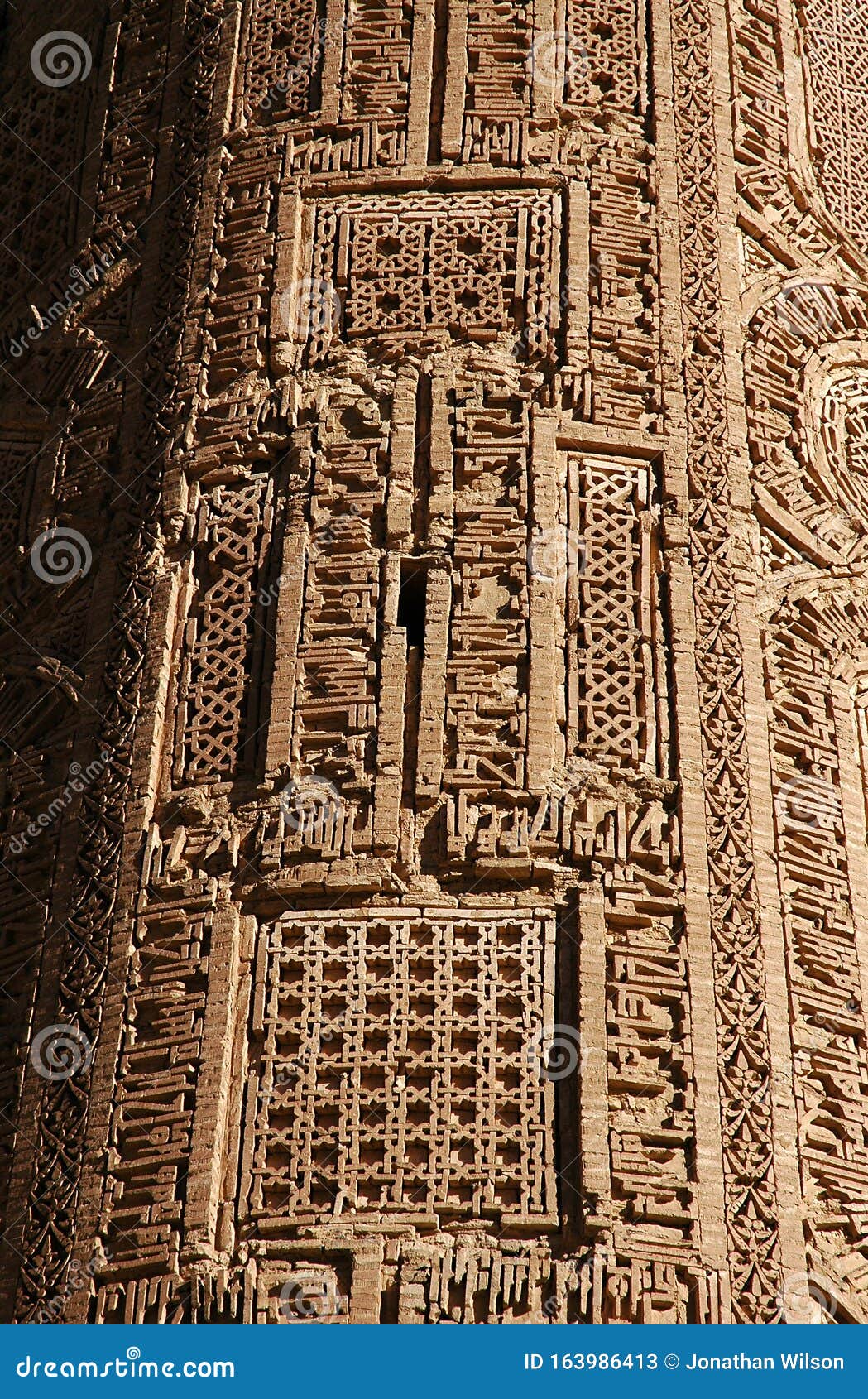 the minaret of jam, a unesco site in central afghanistan. showing detail of the geometric decorations.