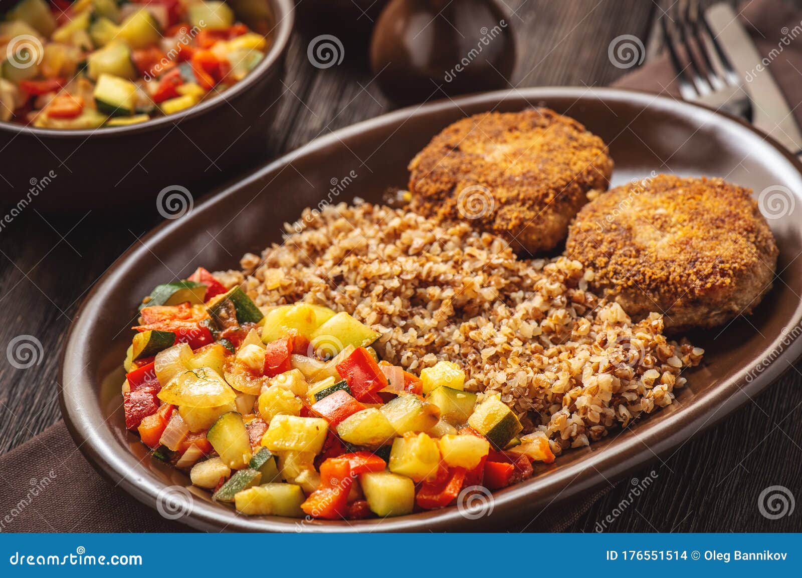 Minced Beef Cutlets Served Buckwheat Porridge and Stewed Vegetables ...