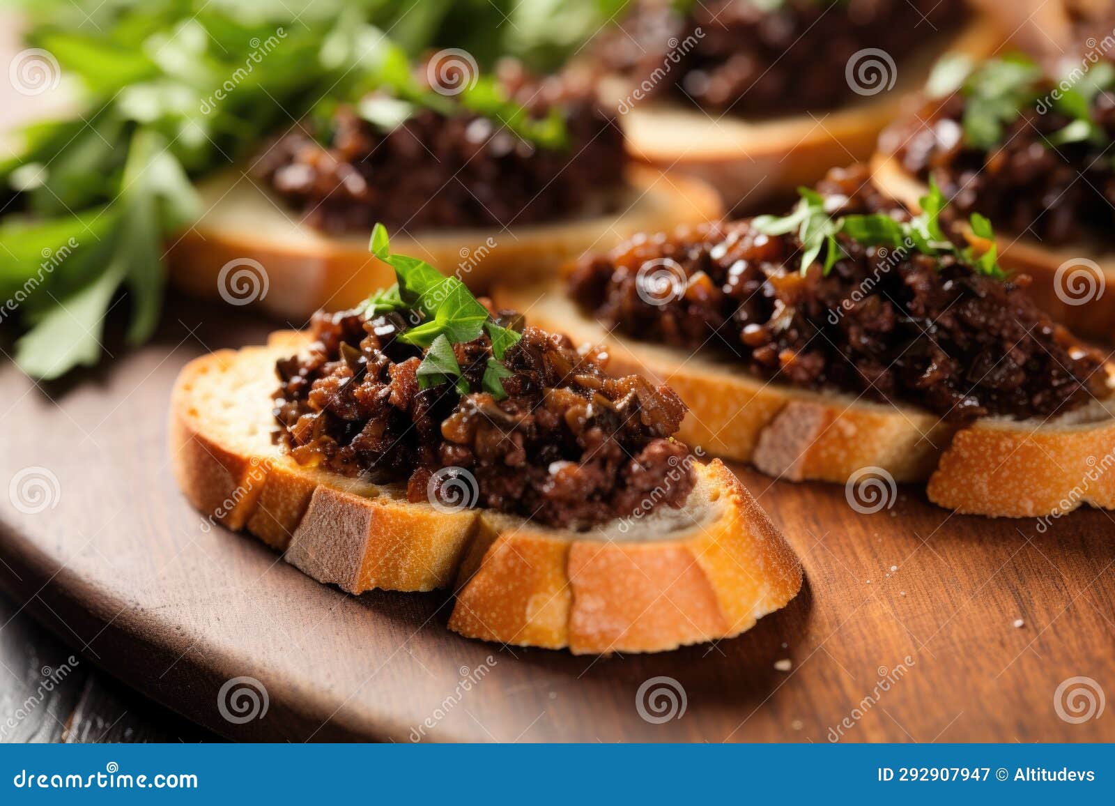 Minced Black Olive Tapenade on Small Bruschetta Pieces Stock Image