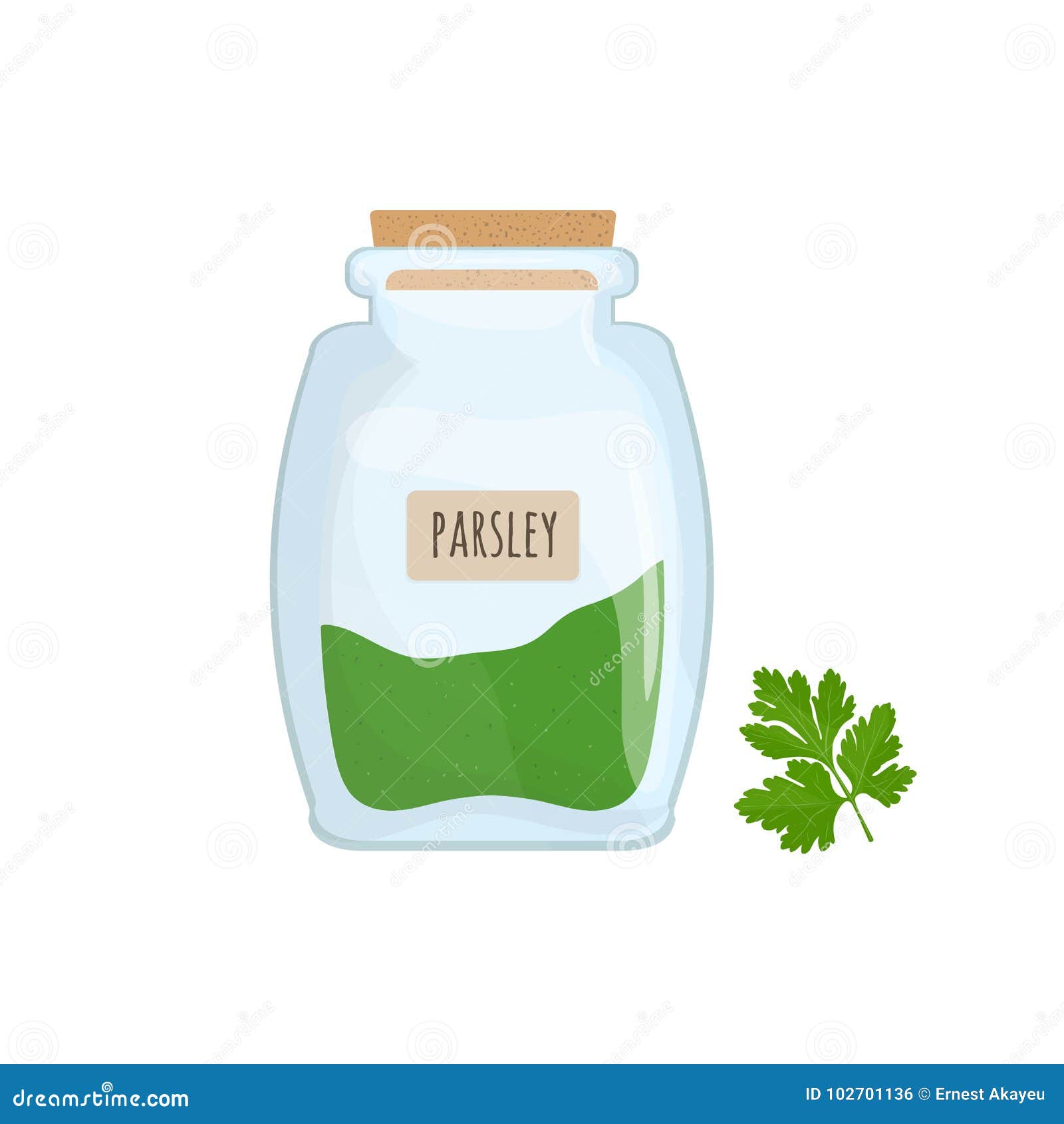 minced and dried parsley stored in glass jar  on white background. aromatic herb, tasty food spice, herbal