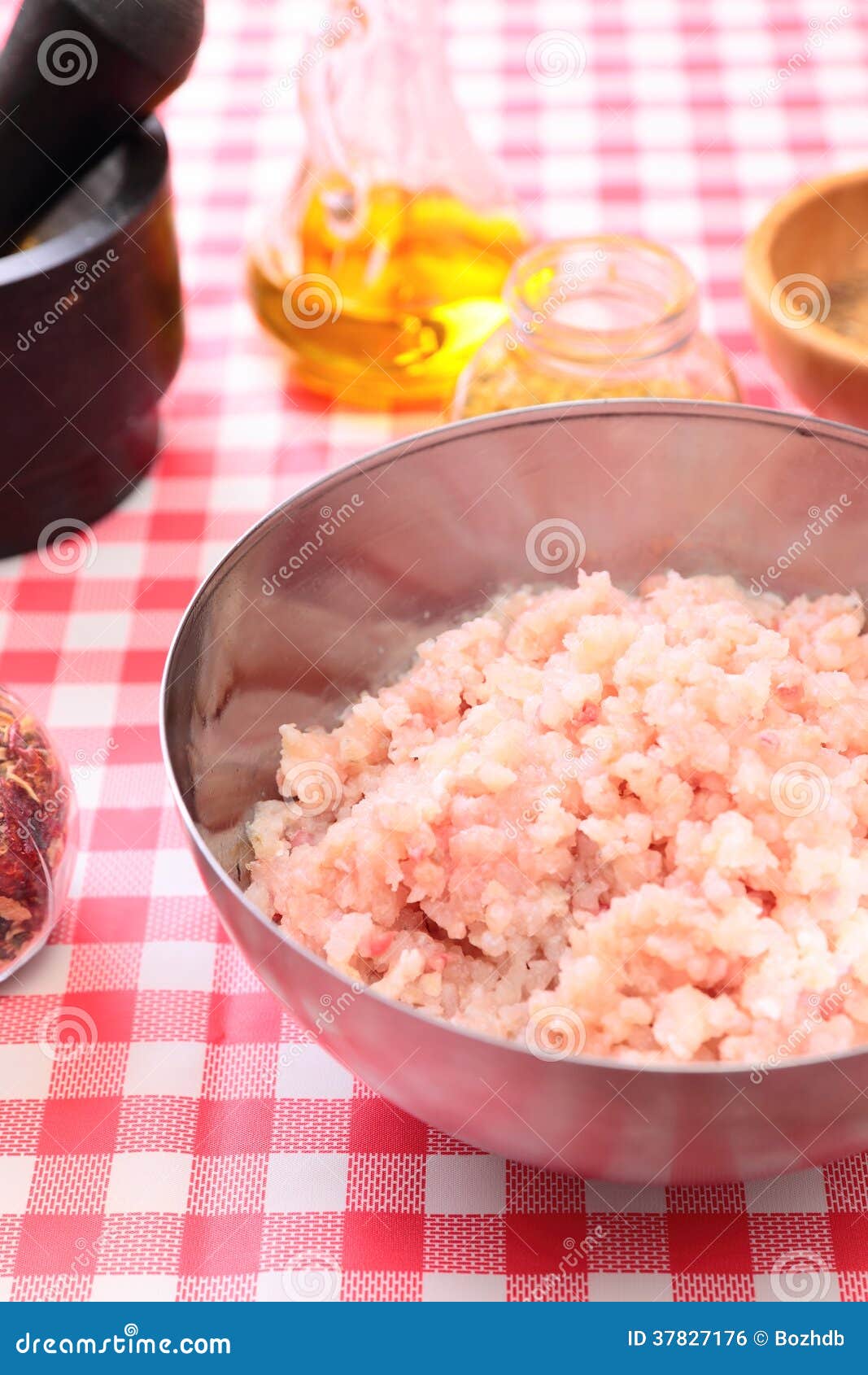 Minced Fish in the Bowl and Spices Stock Photo Image of salmon, meal