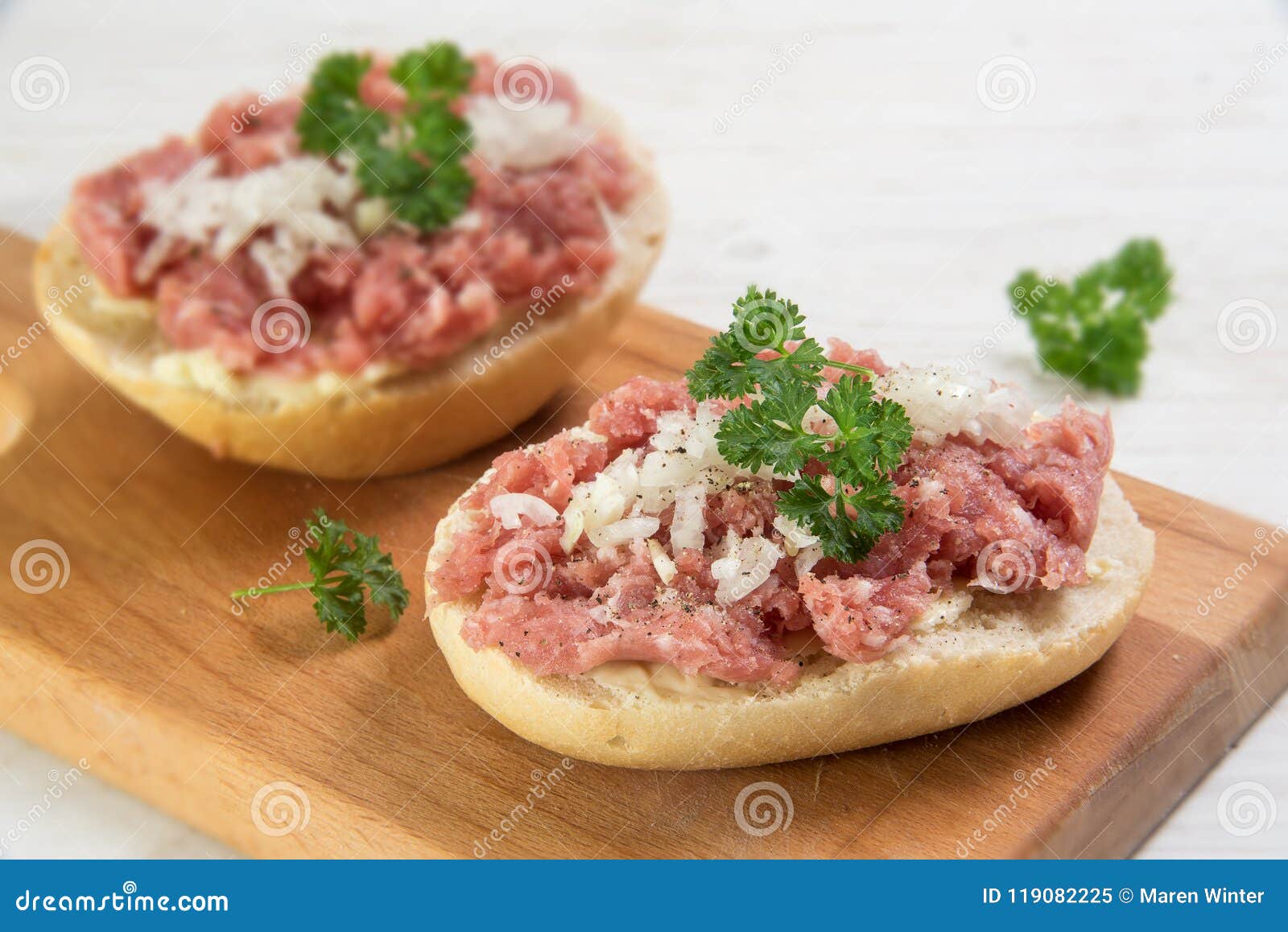 Minced Pork Sausage, Typical German Mettwurst with Onions and Pa Stock ...