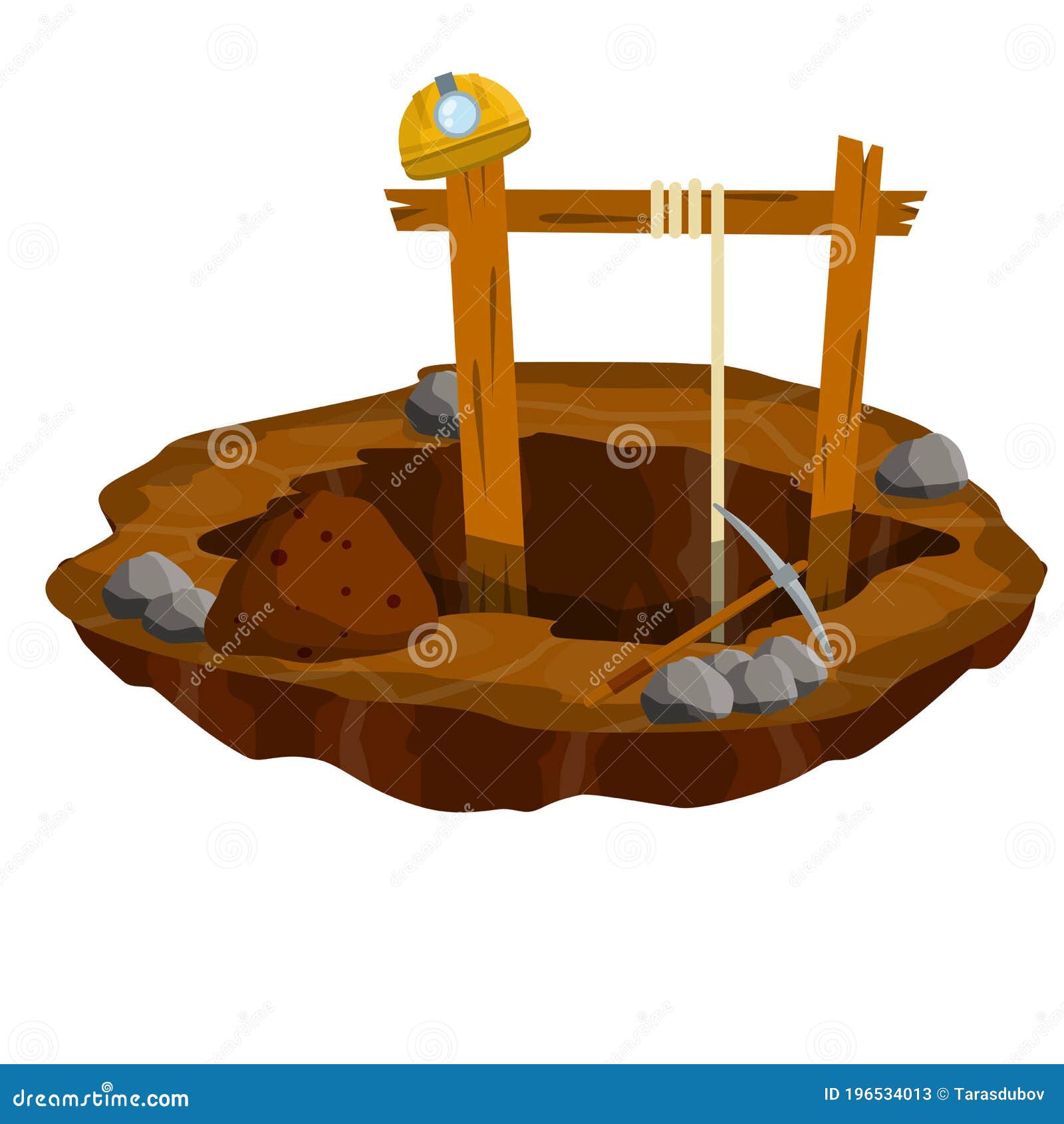 mine. hole in ground, rocks, pickaxe, miner`s helmet. extraction of mineral
