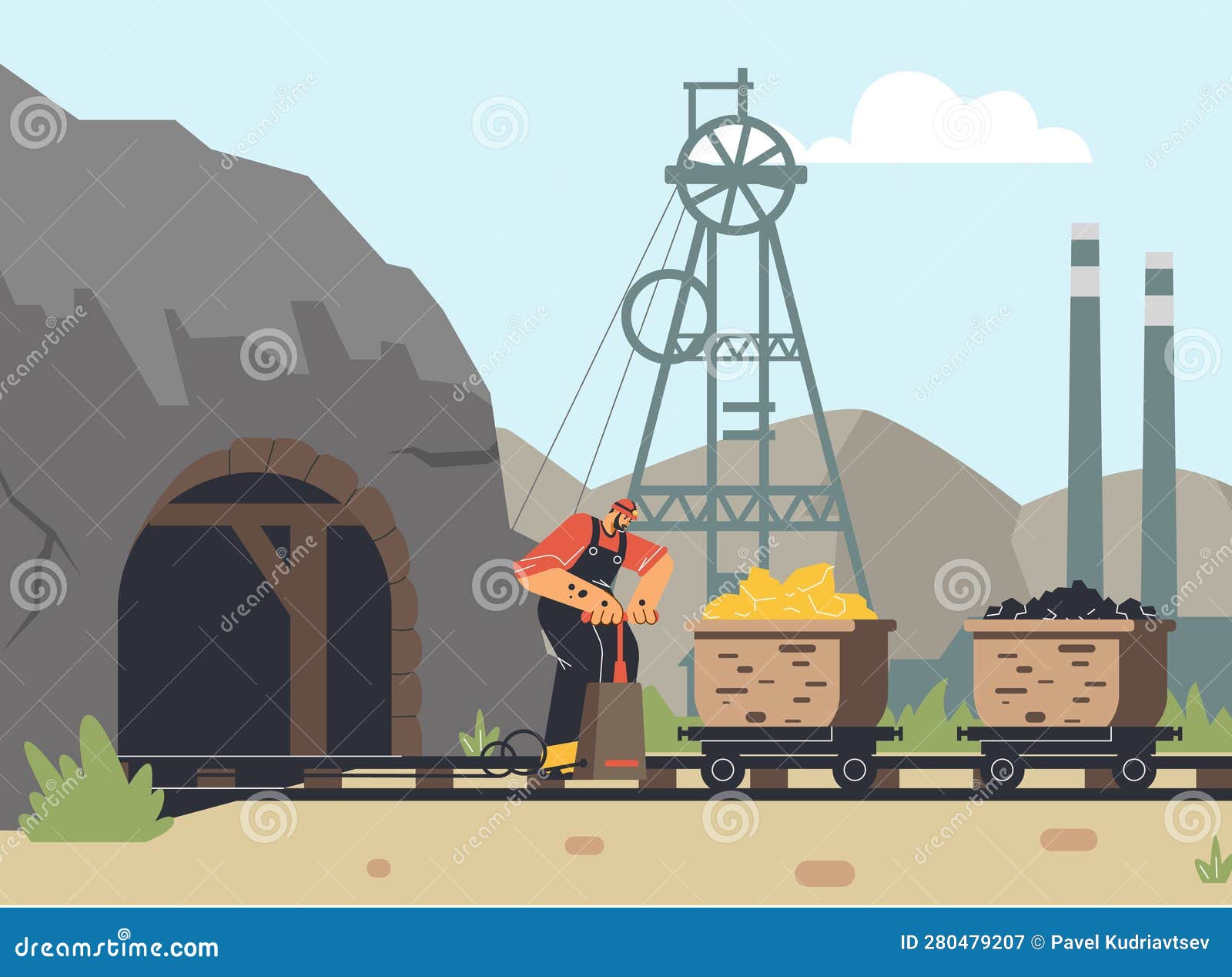 Miner Takes Out Carts with Coal from the Mine, Flat Vector Illustration ...