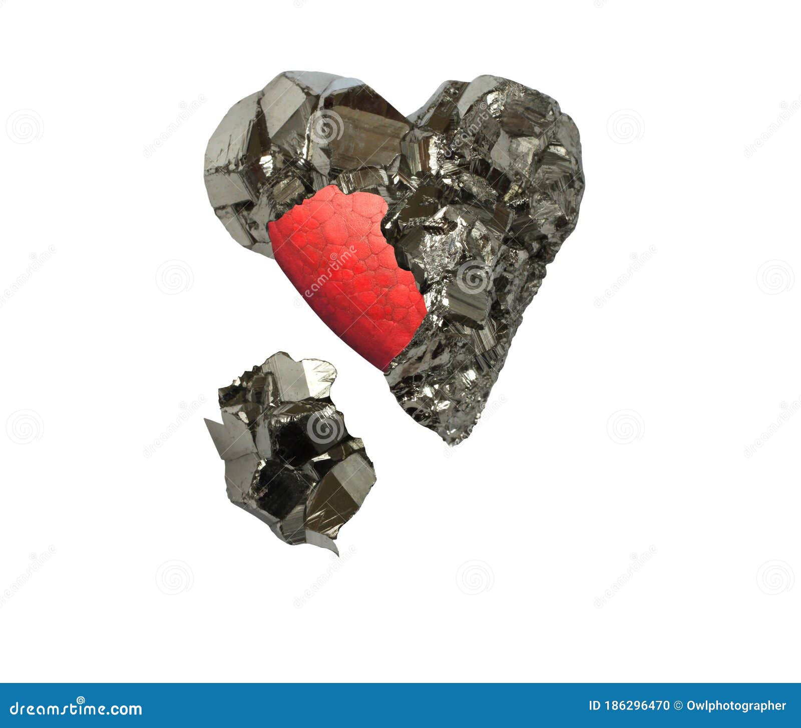 Mineral Pyrite in the Shape of a Heart and Red Painted Heart Inside it