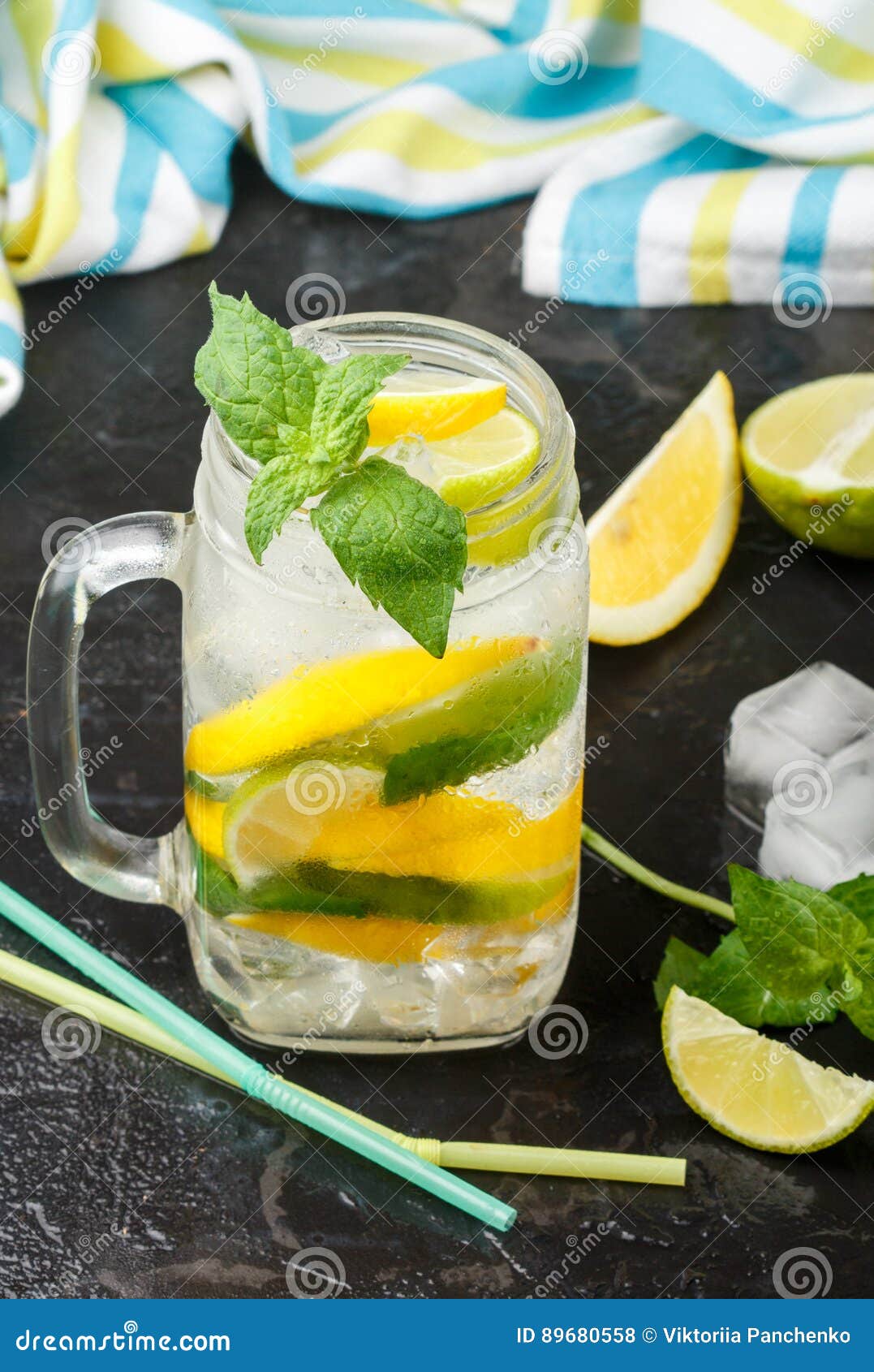 Mineral Water with Lemon, Lime and Mint. Detox. Diet Stock Photo