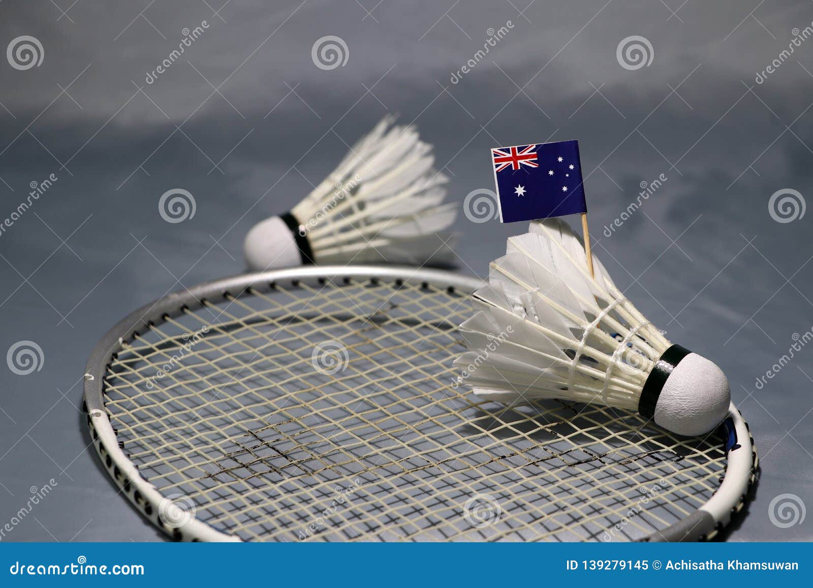 Mini Australia Flag Stick on the Shuttlecock Put on the Net of Badminton Racket and Out Focus a Shuttlecock Stock Image