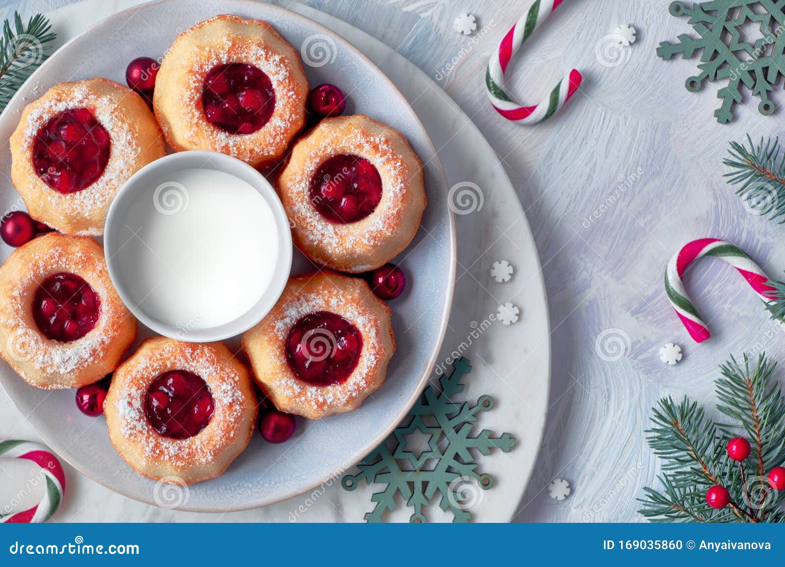 Mini Bundt Ring Cakes With Red Whortleberry Jam On Light Background With Fir Twigs Berries And Candy Canes Stock Photo Image Of Board Food 169035860